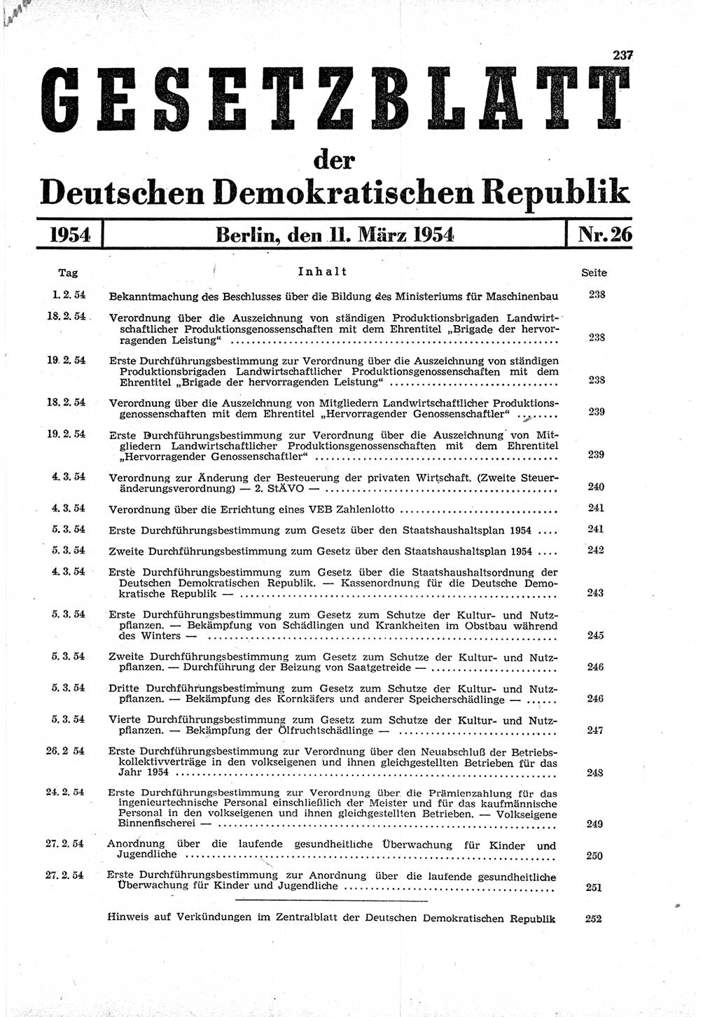 Gesetzblatt (GBl.) der Deutschen Demokratischen Republik (DDR) 1954, Seite 237 (GBl. DDR 1954, S. 237)