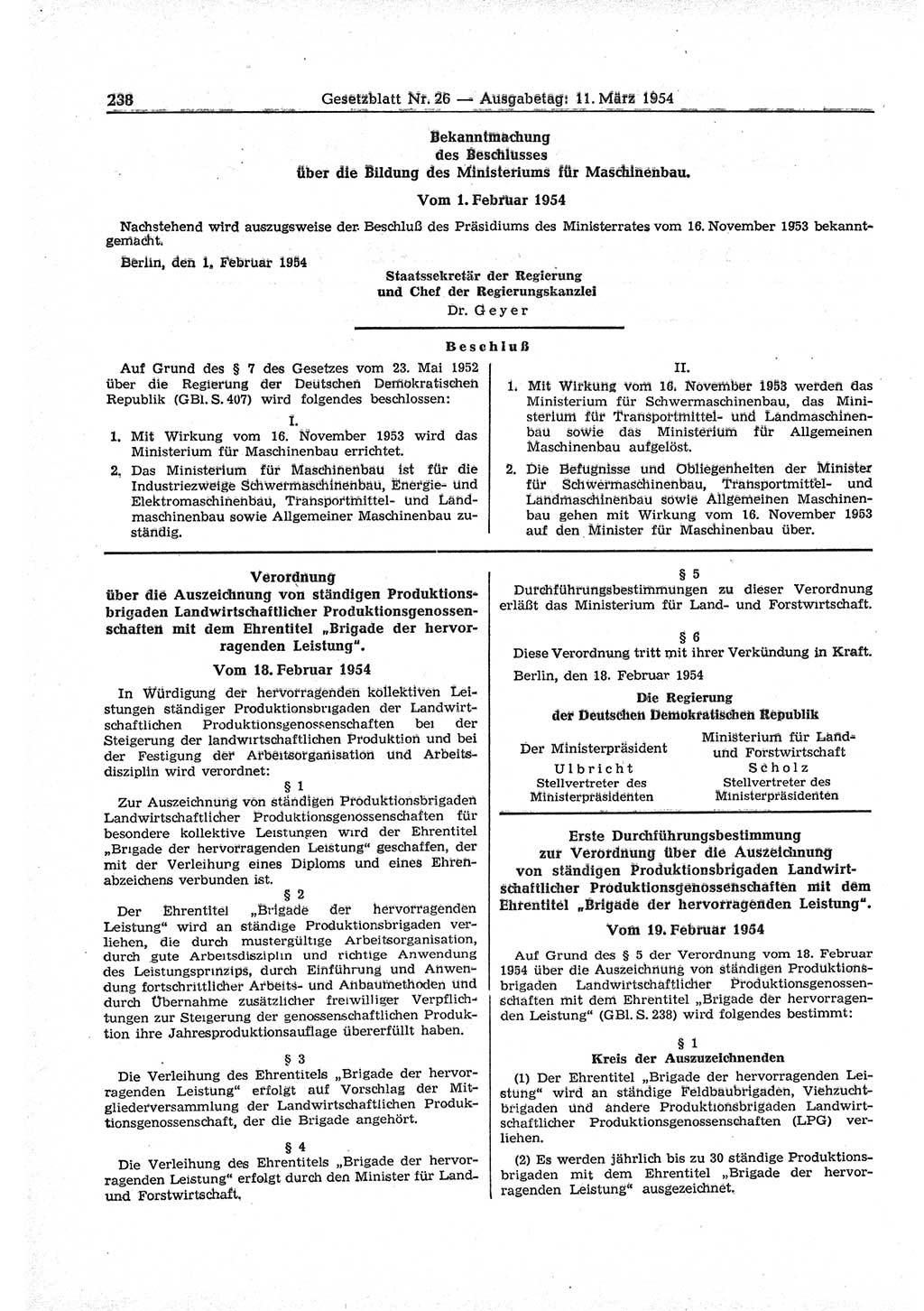 Gesetzblatt (GBl.) der Deutschen Demokratischen Republik (DDR) 1954, Seite 238 (GBl. DDR 1954, S. 238)