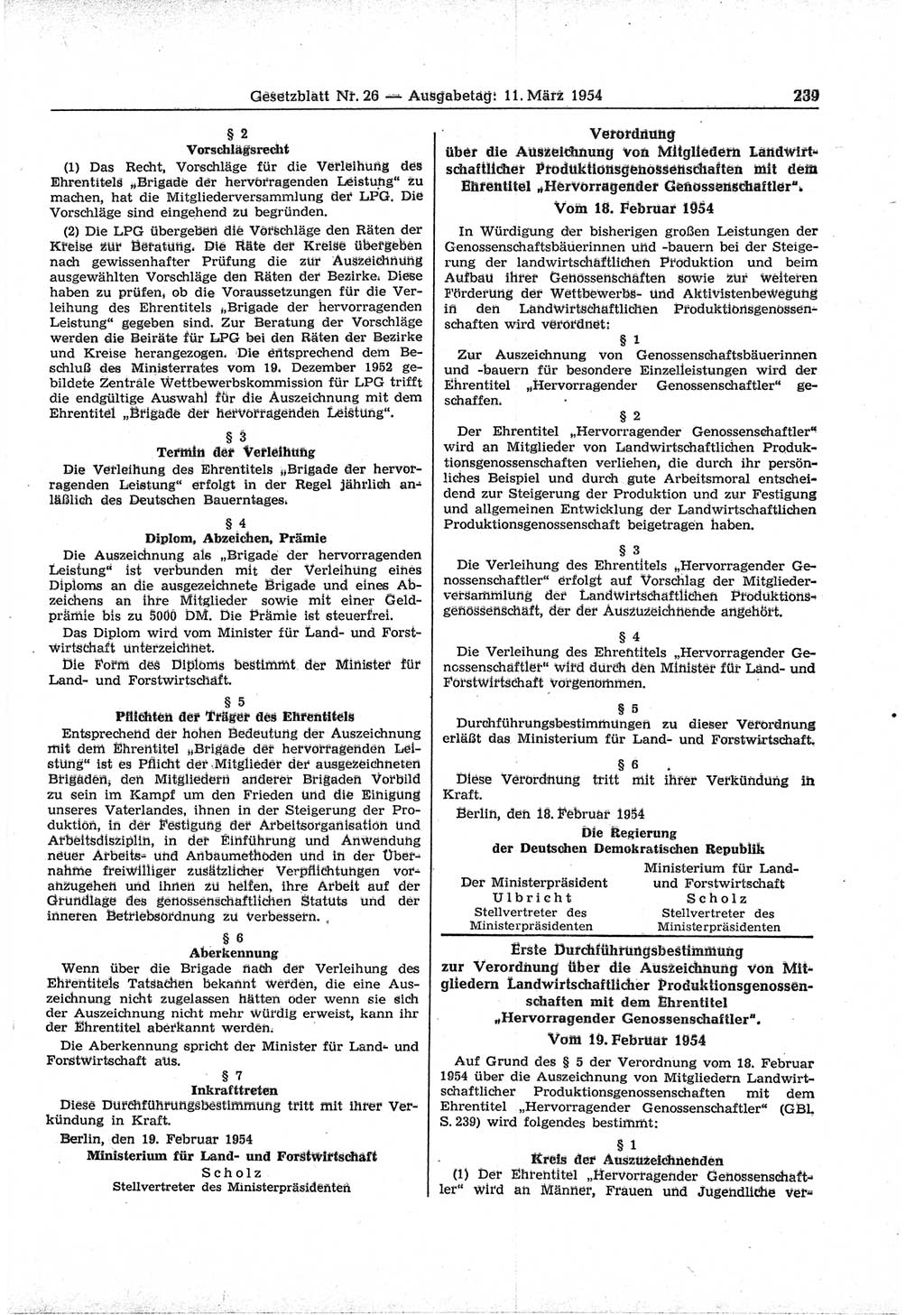Gesetzblatt (GBl.) der Deutschen Demokratischen Republik (DDR) 1954, Seite 239 (GBl. DDR 1954, S. 239)