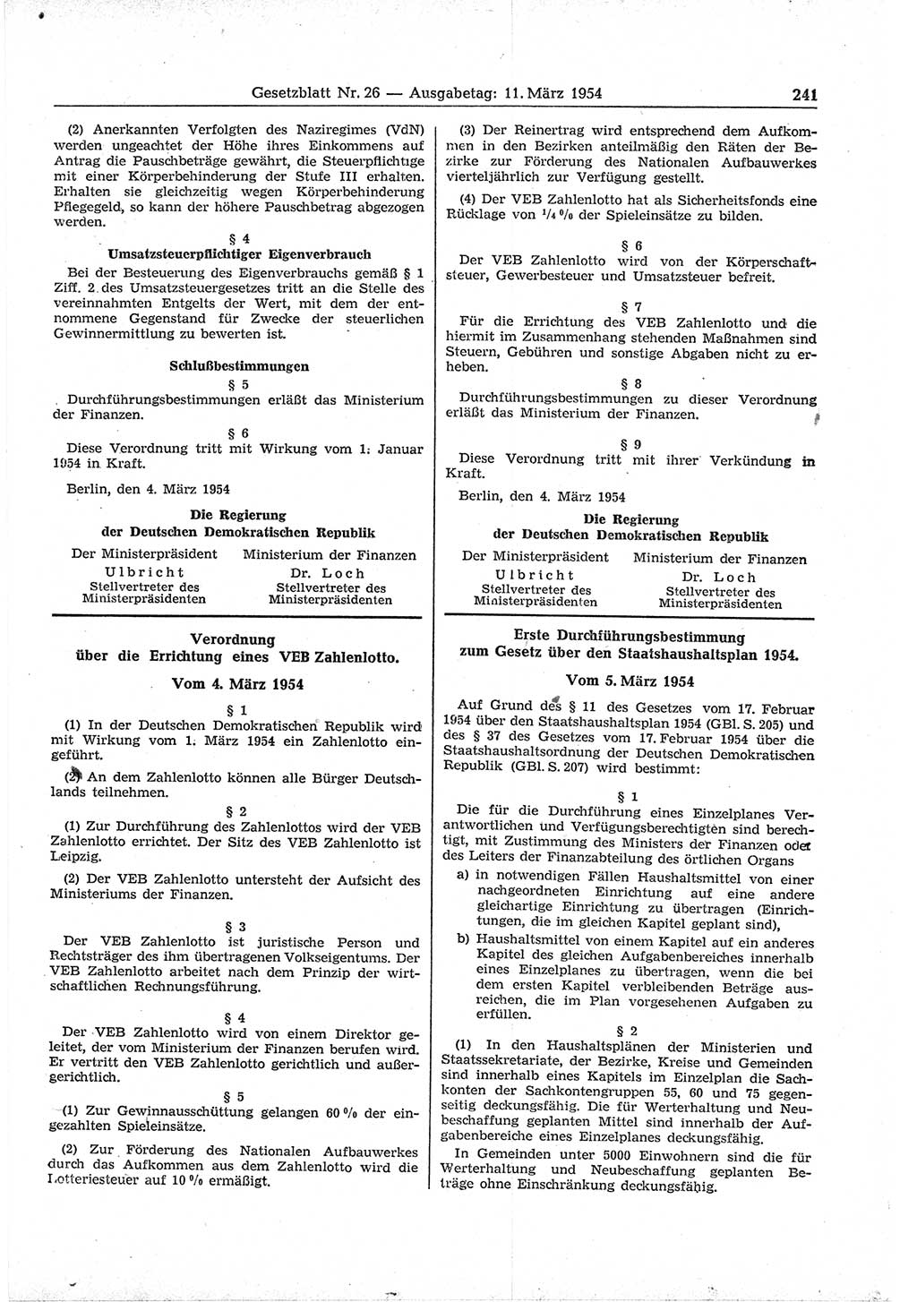 Gesetzblatt (GBl.) der Deutschen Demokratischen Republik (DDR) 1954, Seite 241 (GBl. DDR 1954, S. 241)