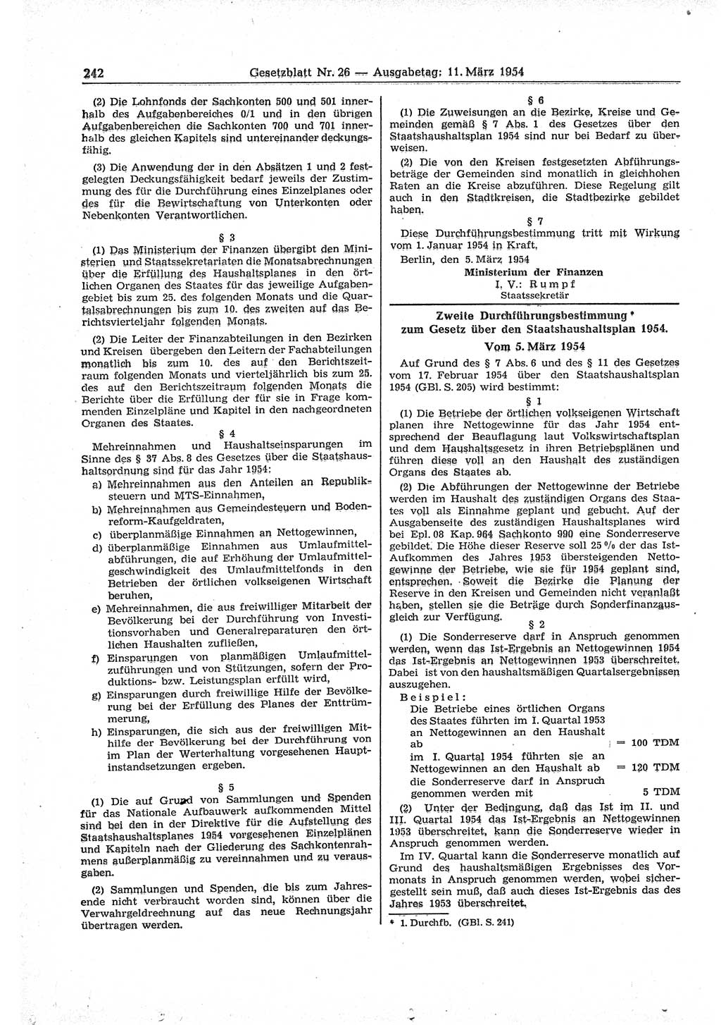 Gesetzblatt (GBl.) der Deutschen Demokratischen Republik (DDR) 1954, Seite 242 (GBl. DDR 1954, S. 242)
