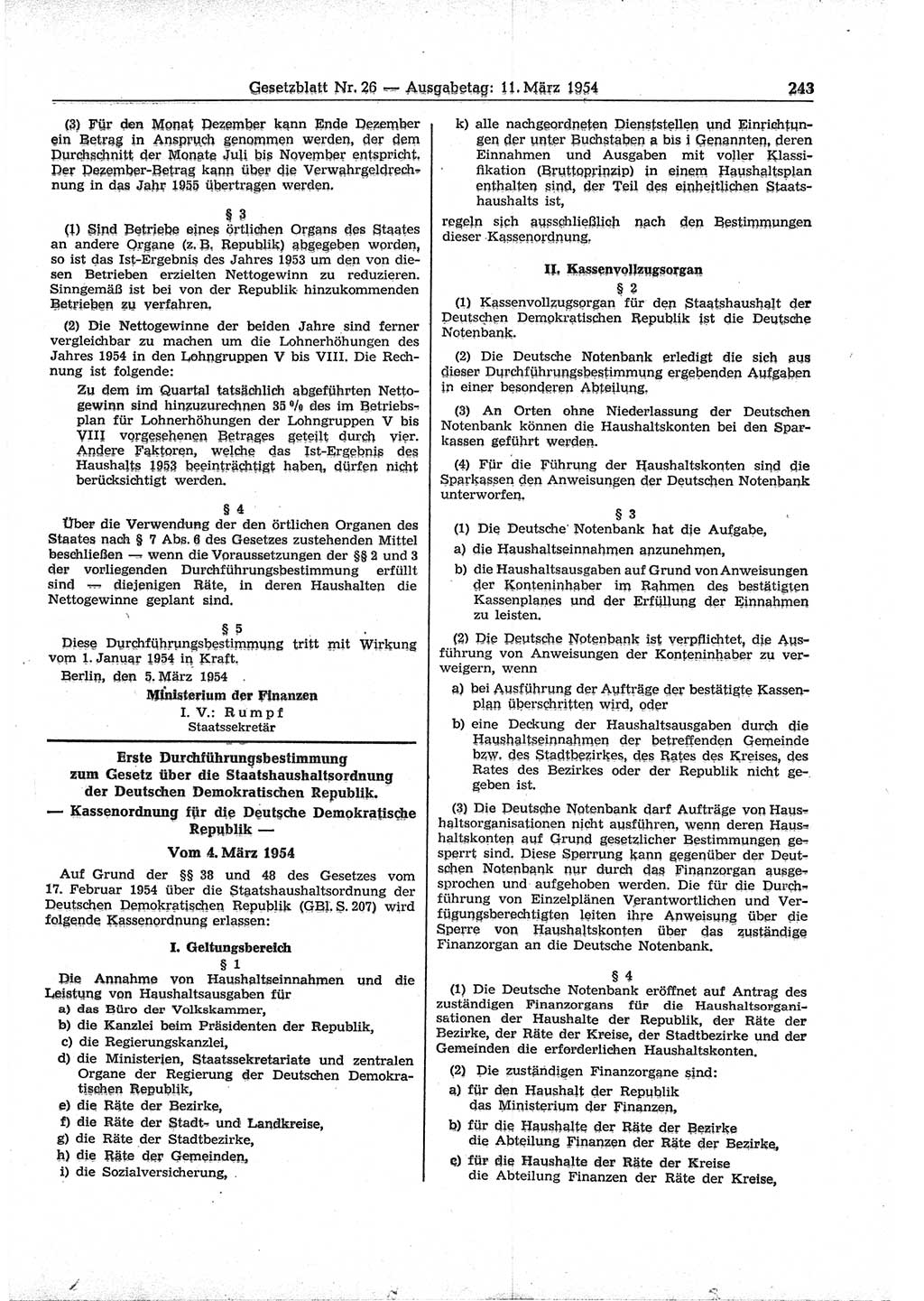 Gesetzblatt (GBl.) der Deutschen Demokratischen Republik (DDR) 1954, Seite 243 (GBl. DDR 1954, S. 243)