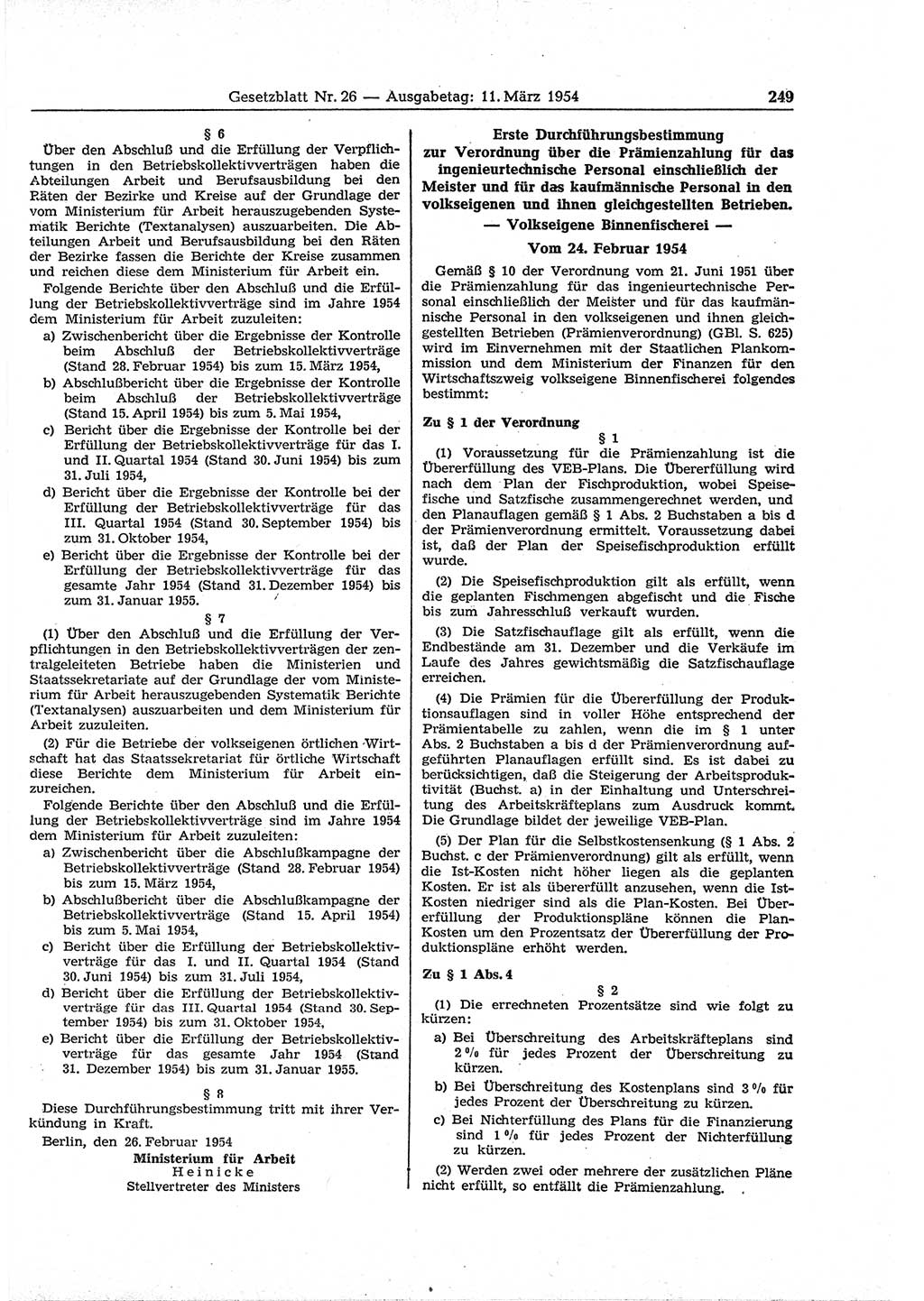 Gesetzblatt (GBl.) der Deutschen Demokratischen Republik (DDR) 1954, Seite 249 (GBl. DDR 1954, S. 249)
