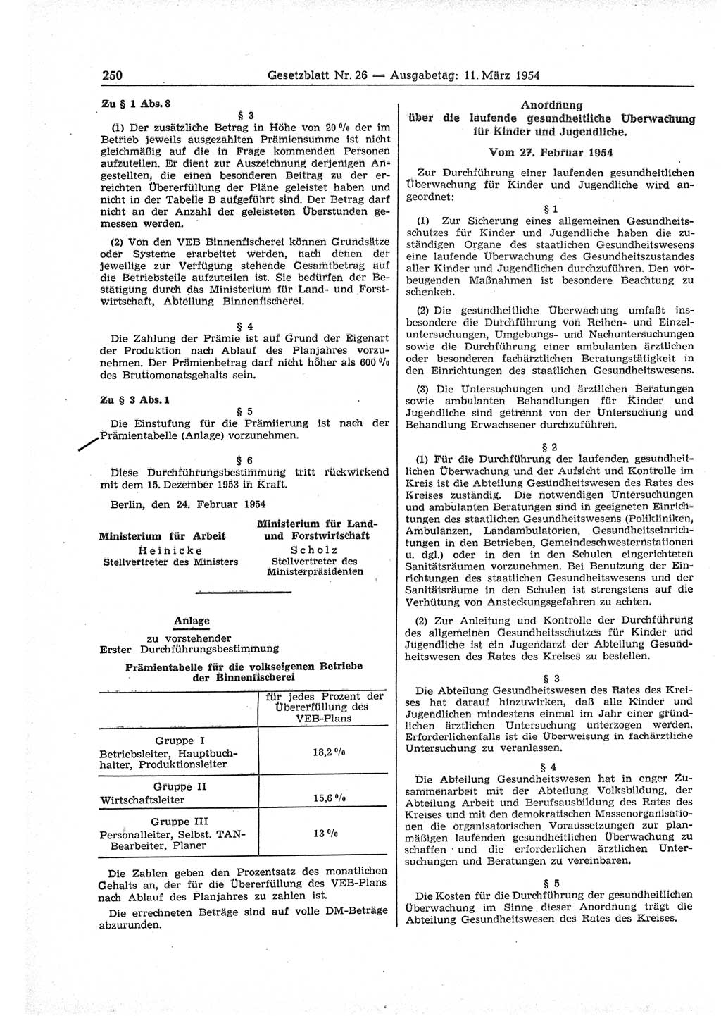 Gesetzblatt (GBl.) der Deutschen Demokratischen Republik (DDR) 1954, Seite 250 (GBl. DDR 1954, S. 250)