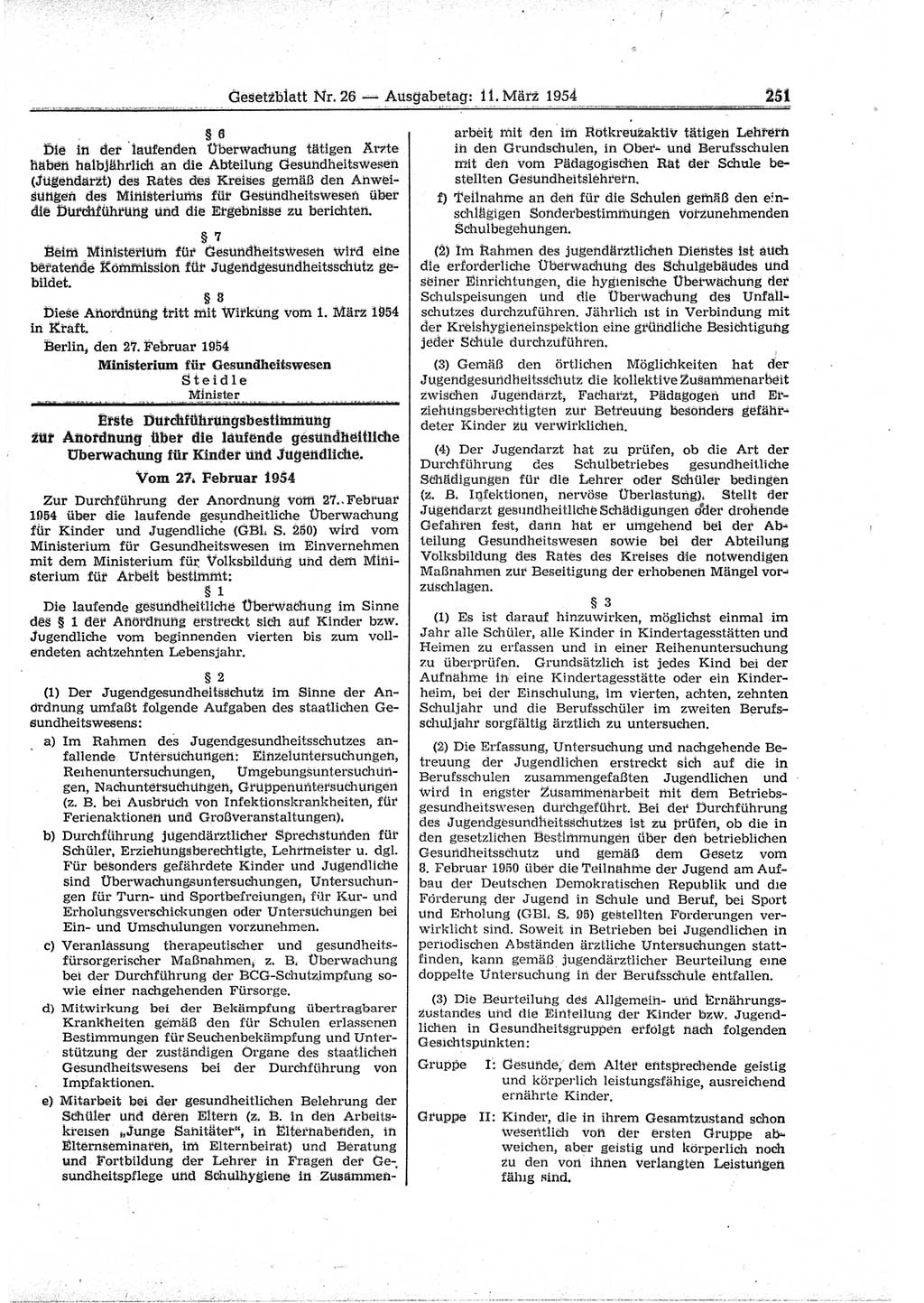 Gesetzblatt (GBl.) der Deutschen Demokratischen Republik (DDR) 1954, Seite 251 (GBl. DDR 1954, S. 251)