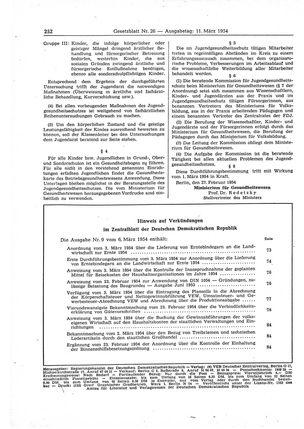 Gesetzblatt (GBl.) der Deutschen Demokratischen Republik (DDR) 1954, Seite 252 (GBl. DDR 1954, S. 252)