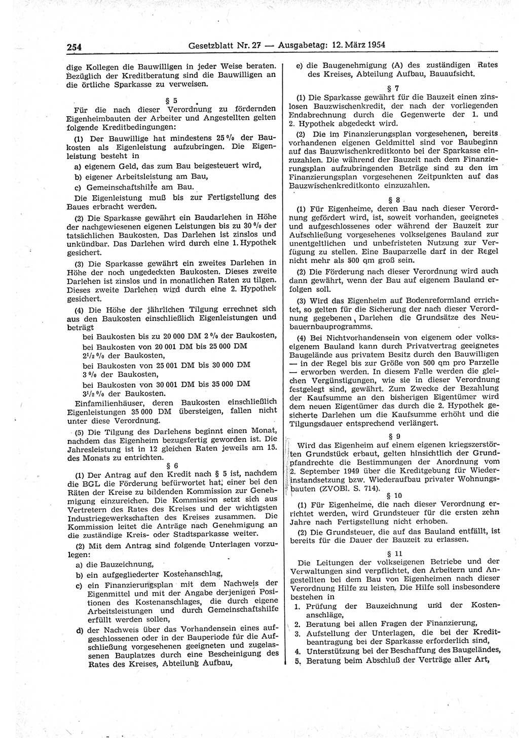 Gesetzblatt (GBl.) der Deutschen Demokratischen Republik (DDR) 1954, Seite 254 (GBl. DDR 1954, S. 254)