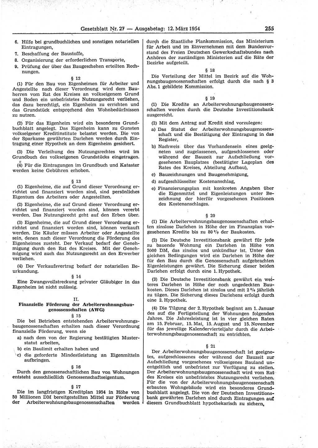 Gesetzblatt (GBl.) der Deutschen Demokratischen Republik (DDR) 1954, Seite 255 (GBl. DDR 1954, S. 255)