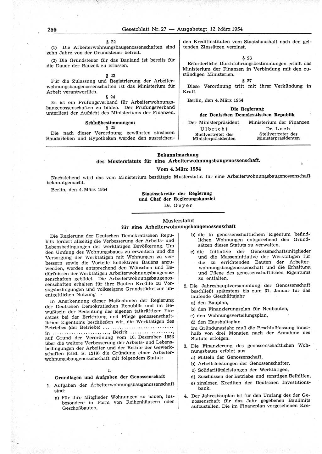 Gesetzblatt (GBl.) der Deutschen Demokratischen Republik (DDR) 1954, Seite 256 (GBl. DDR 1954, S. 256)