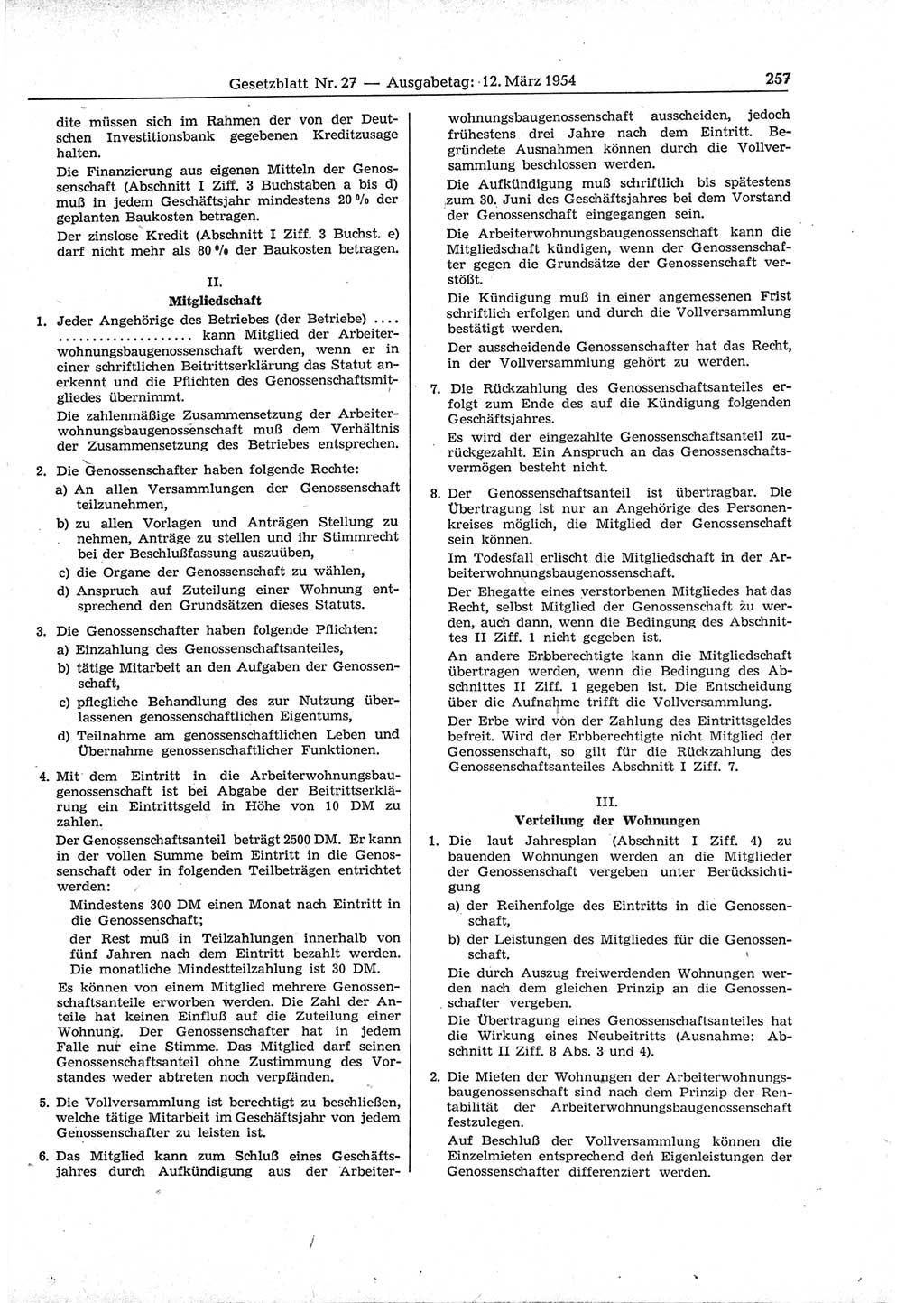Gesetzblatt (GBl.) der Deutschen Demokratischen Republik (DDR) 1954, Seite 257 (GBl. DDR 1954, S. 257)