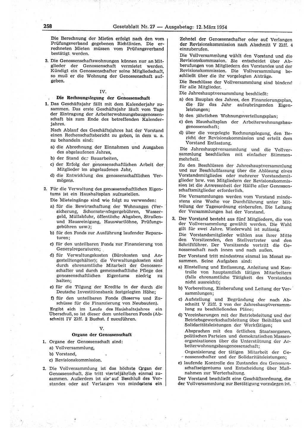Gesetzblatt (GBl.) der Deutschen Demokratischen Republik (DDR) 1954, Seite 258 (GBl. DDR 1954, S. 258)