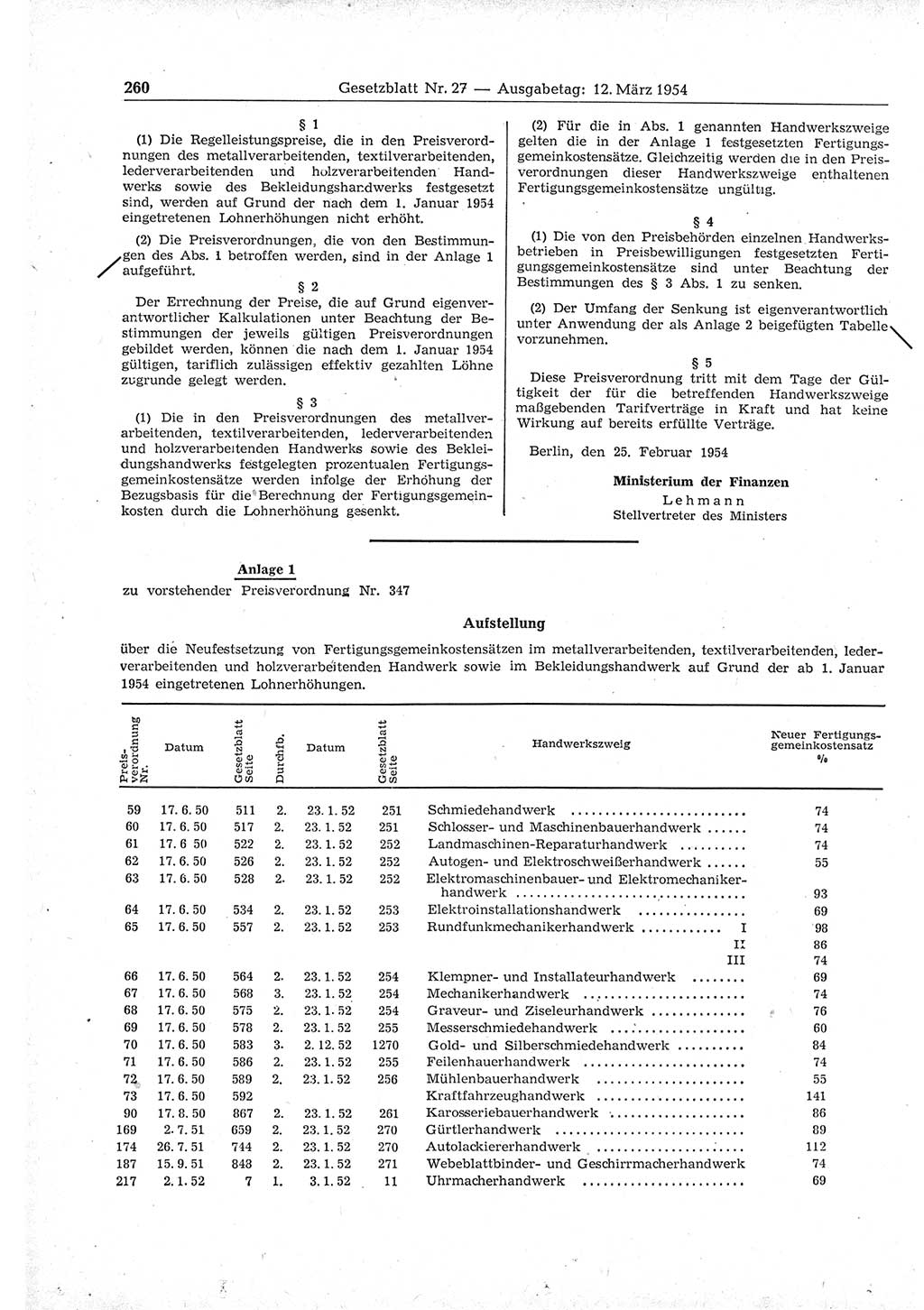 Gesetzblatt (GBl.) der Deutschen Demokratischen Republik (DDR) 1954, Seite 260 (GBl. DDR 1954, S. 260)