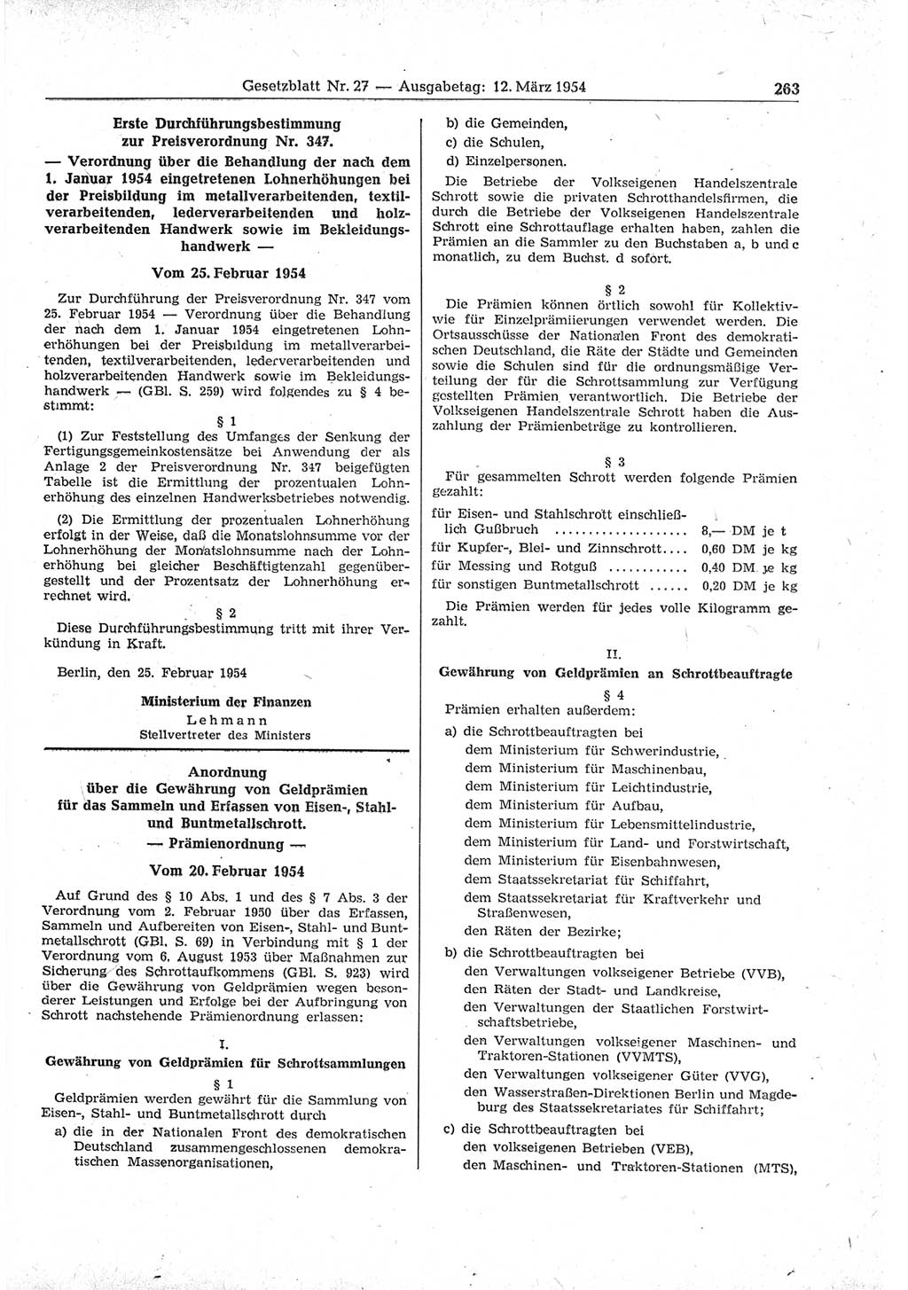 Gesetzblatt (GBl.) der Deutschen Demokratischen Republik (DDR) 1954, Seite 263 (GBl. DDR 1954, S. 263)