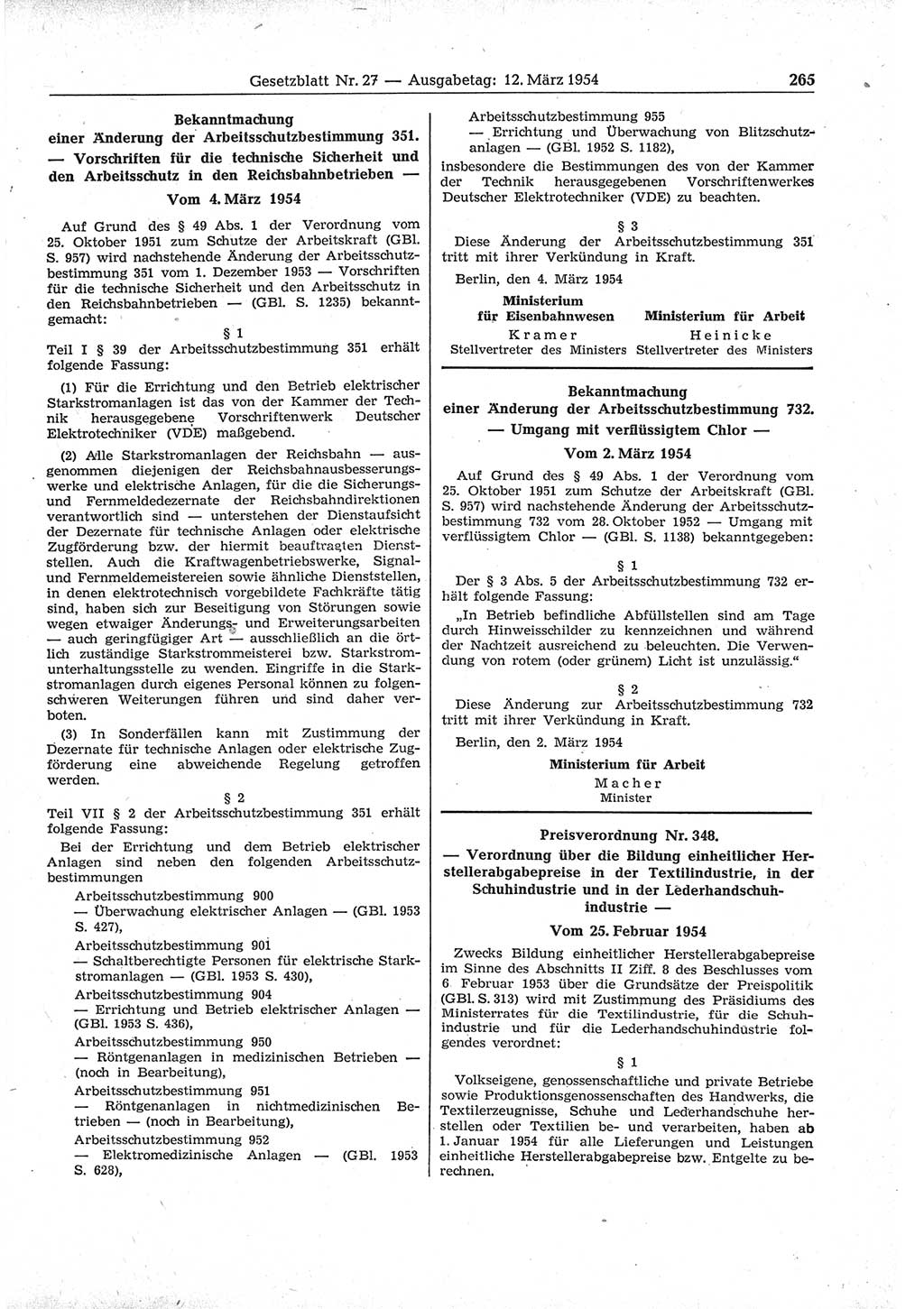 Gesetzblatt (GBl.) der Deutschen Demokratischen Republik (DDR) 1954, Seite 265 (GBl. DDR 1954, S. 265)