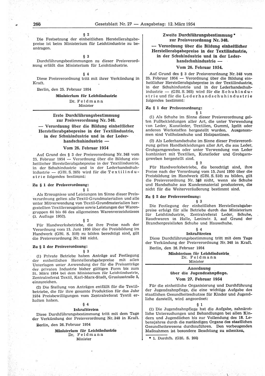 Gesetzblatt (GBl.) der Deutschen Demokratischen Republik (DDR) 1954, Seite 266 (GBl. DDR 1954, S. 266)