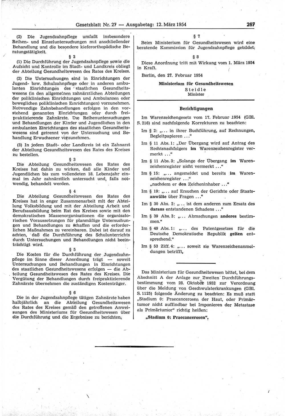 Gesetzblatt (GBl.) der Deutschen Demokratischen Republik (DDR) 1954, Seite 267 (GBl. DDR 1954, S. 267)