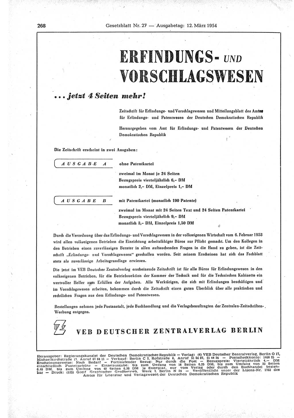 Gesetzblatt (GBl.) der Deutschen Demokratischen Republik (DDR) 1954, Seite 268 (GBl. DDR 1954, S. 268)
