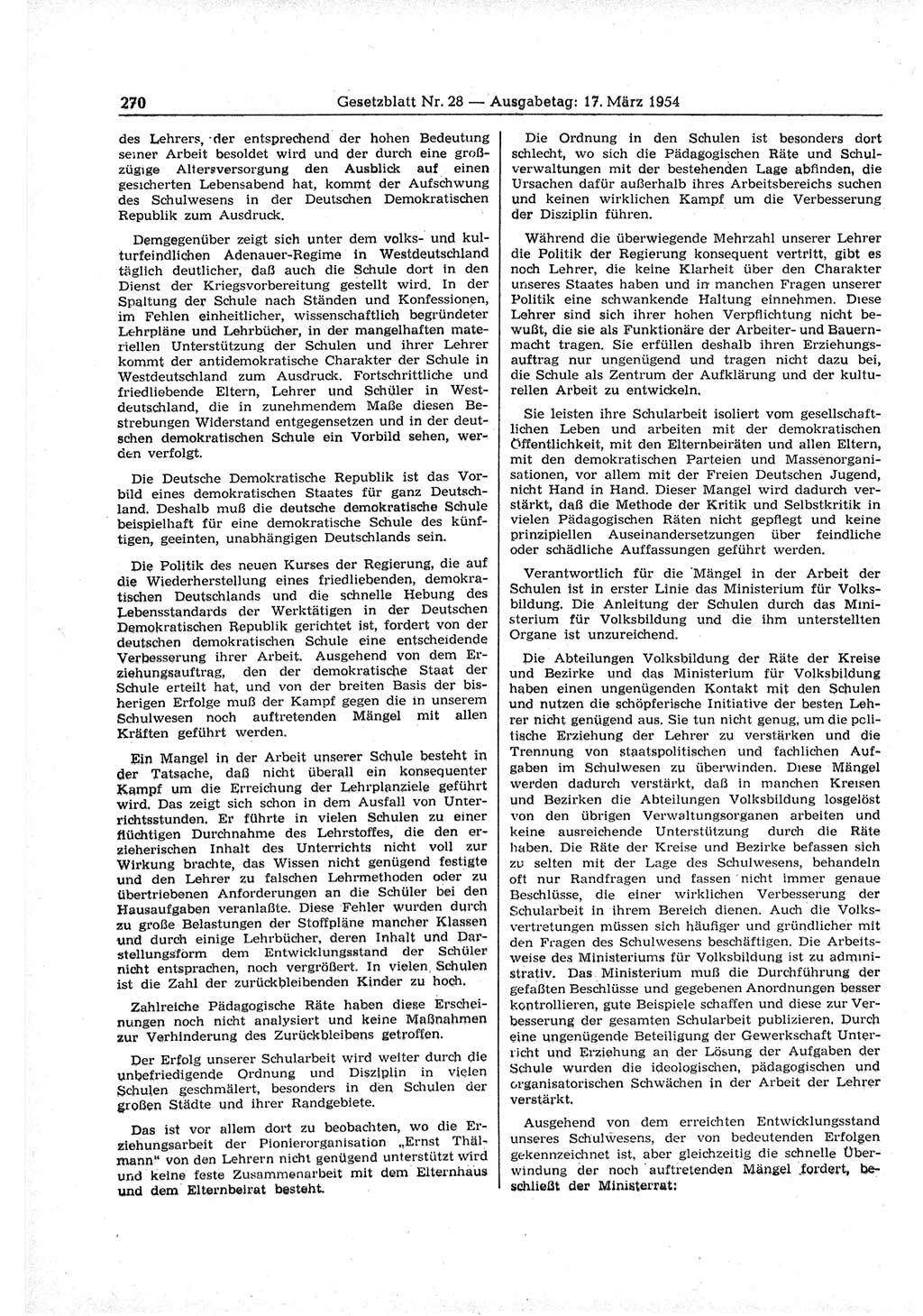 Gesetzblatt (GBl.) der Deutschen Demokratischen Republik (DDR) 1954, Seite 270 (GBl. DDR 1954, S. 270)