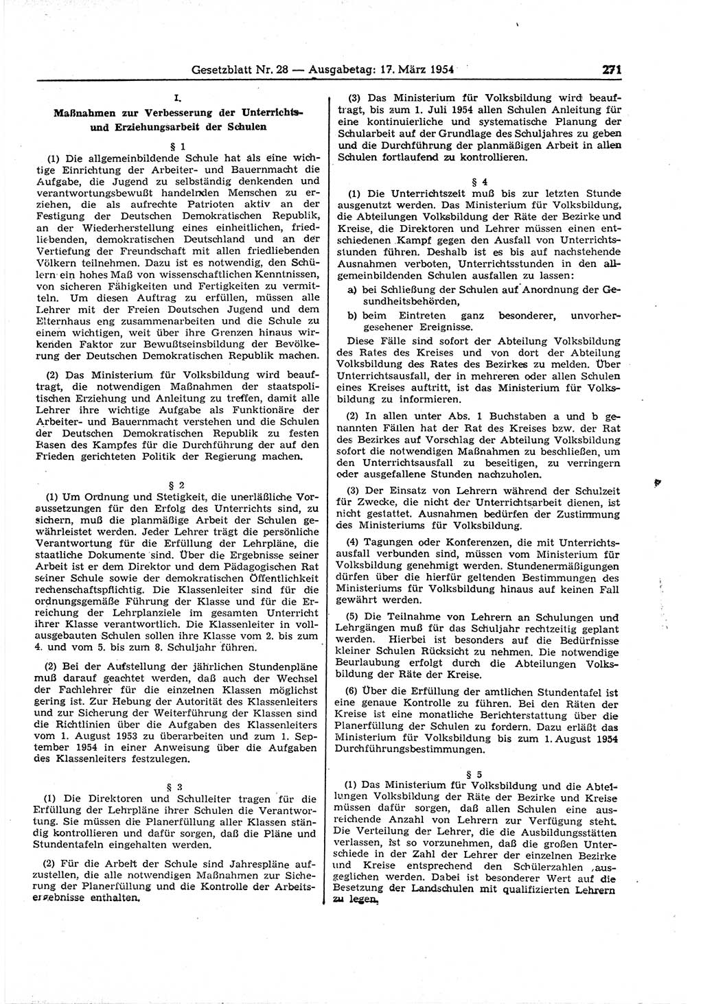 Gesetzblatt (GBl.) der Deutschen Demokratischen Republik (DDR) 1954, Seite 271 (GBl. DDR 1954, S. 271)