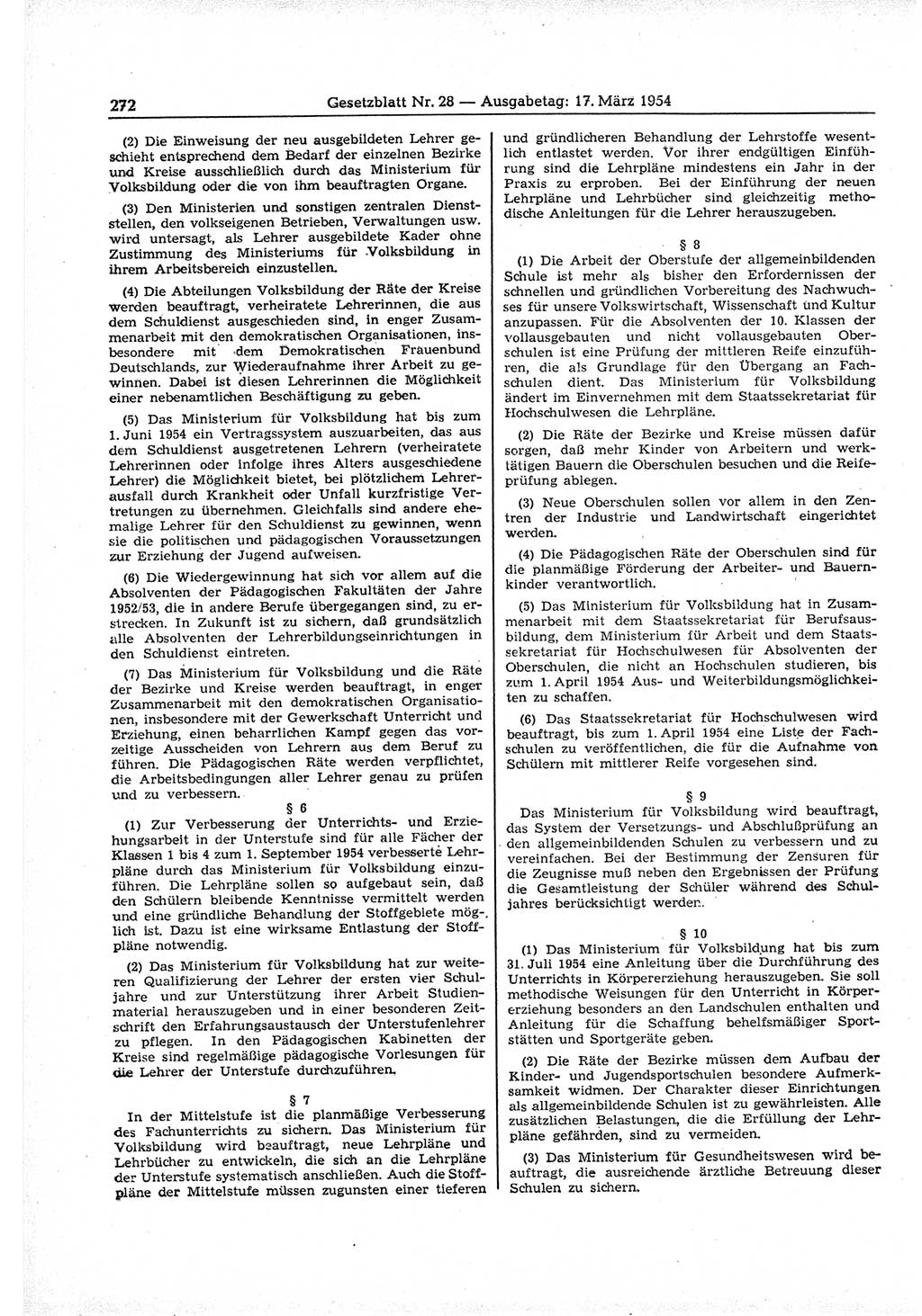 Gesetzblatt (GBl.) der Deutschen Demokratischen Republik (DDR) 1954, Seite 272 (GBl. DDR 1954, S. 272)