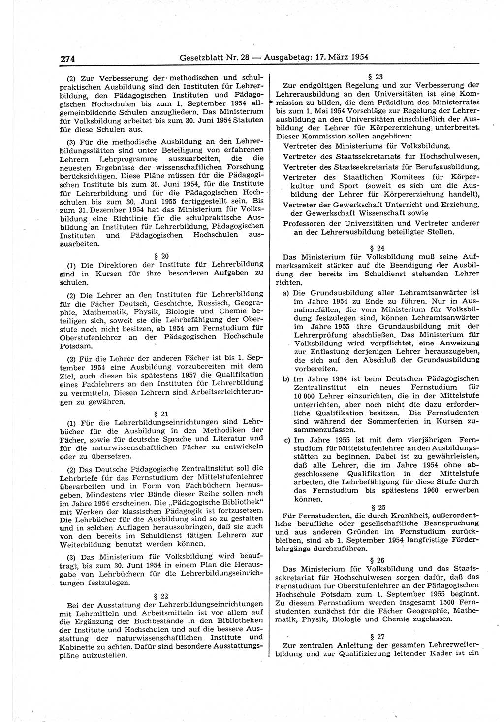Gesetzblatt (GBl.) der Deutschen Demokratischen Republik (DDR) 1954, Seite 274 (GBl. DDR 1954, S. 274)