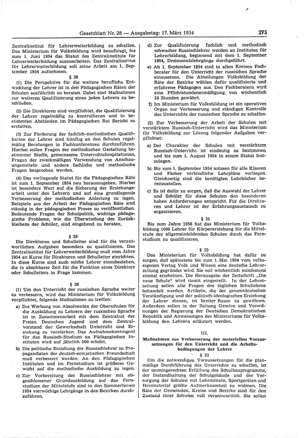 Gesetzblatt (GBl.) der Deutschen Demokratischen Republik (DDR) 1954, Seite 275 (GBl. DDR 1954, S. 275)