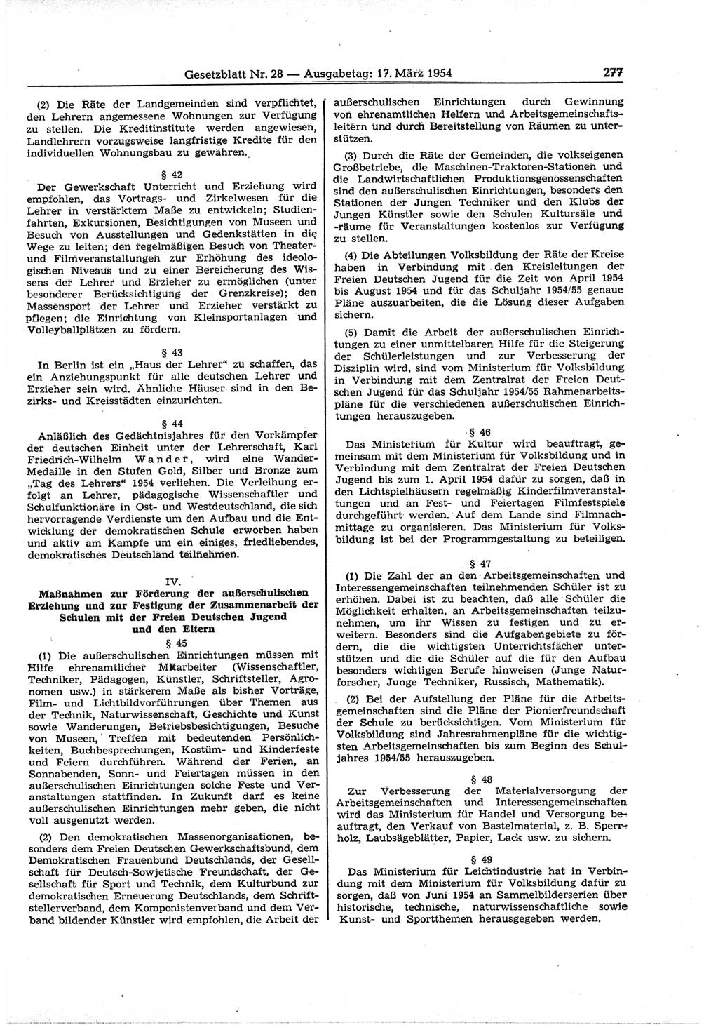 Gesetzblatt (GBl.) der Deutschen Demokratischen Republik (DDR) 1954, Seite 277 (GBl. DDR 1954, S. 277)