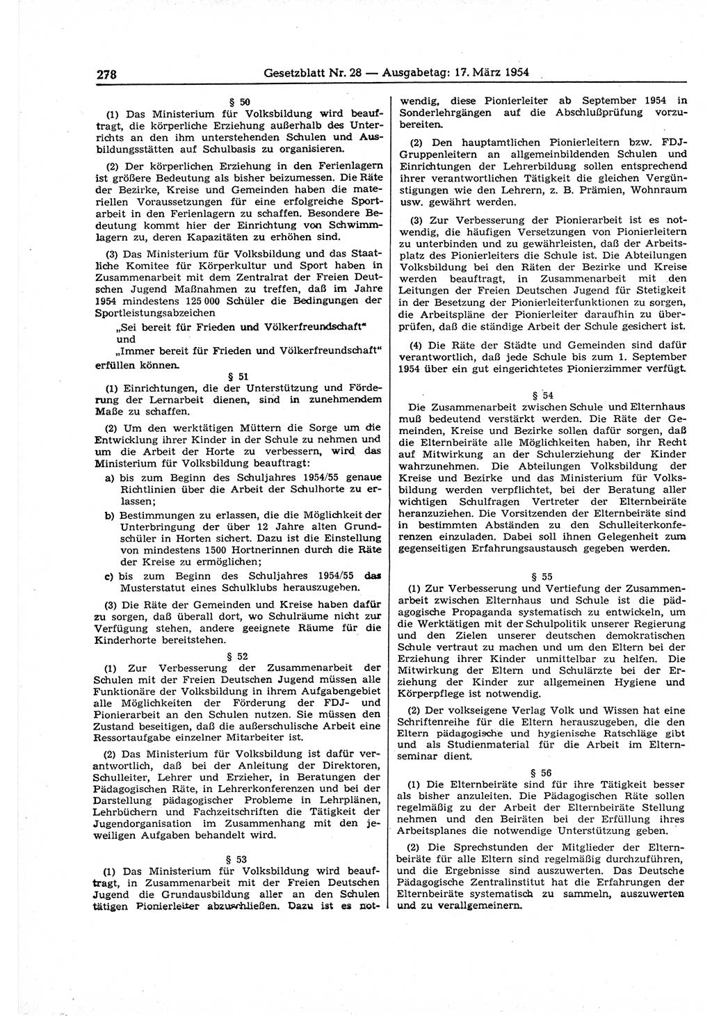 Gesetzblatt (GBl.) der Deutschen Demokratischen Republik (DDR) 1954, Seite 278 (GBl. DDR 1954, S. 278)