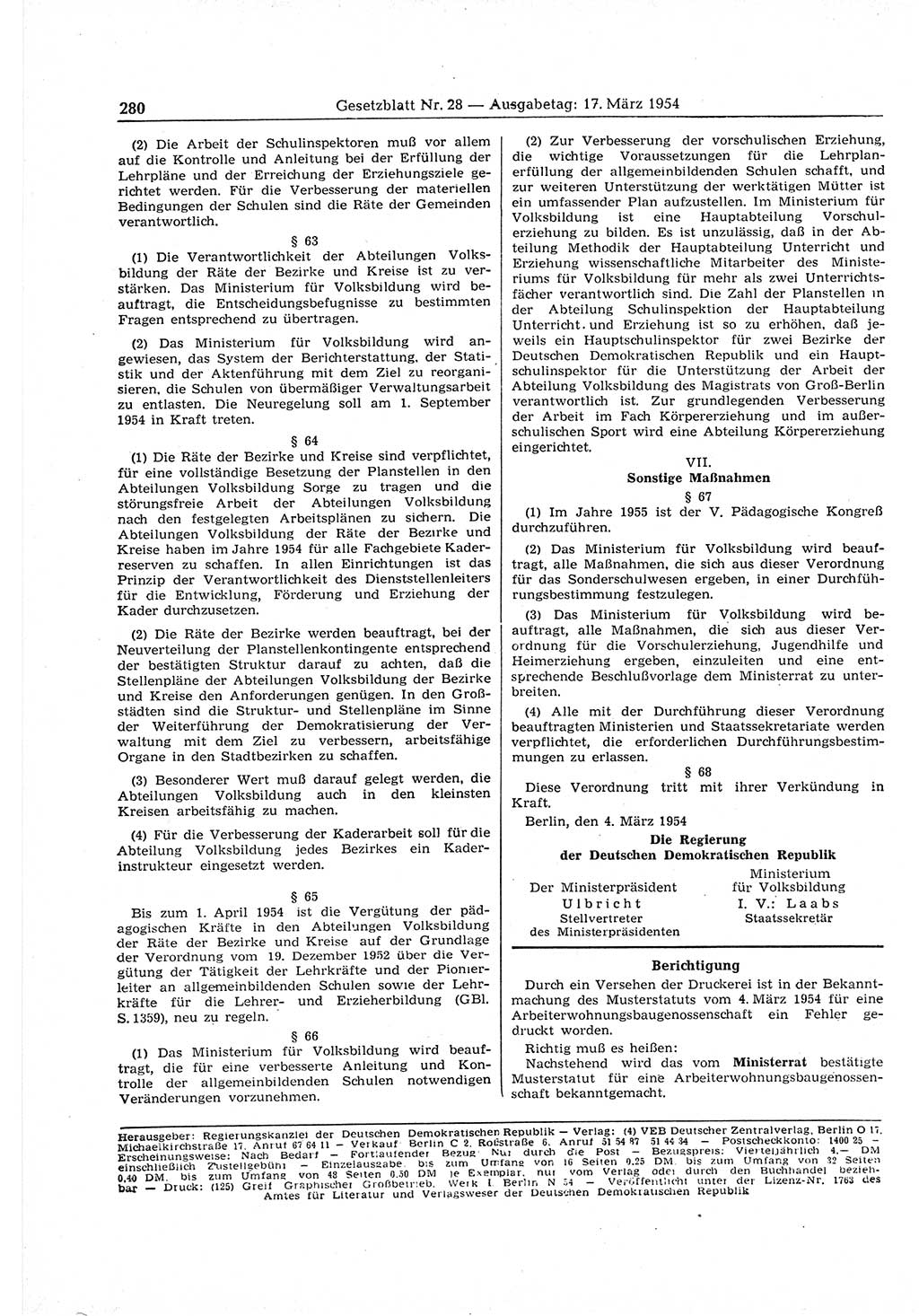 Gesetzblatt (GBl.) der Deutschen Demokratischen Republik (DDR) 1954, Seite 280 (GBl. DDR 1954, S. 280)