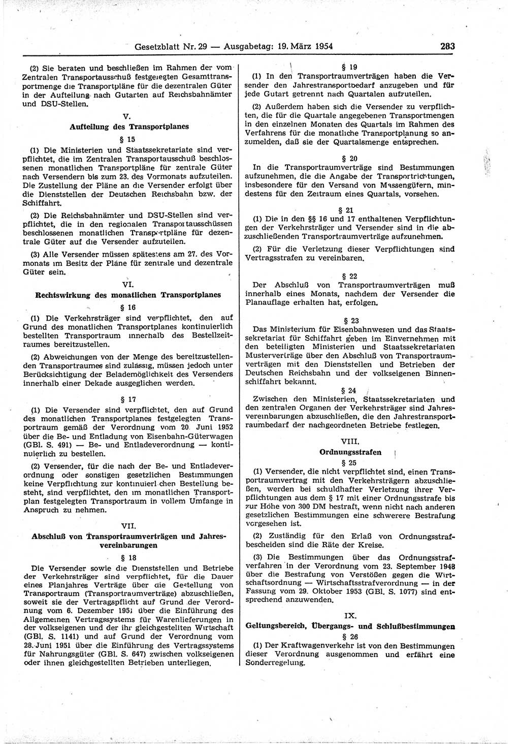 Gesetzblatt (GBl.) der Deutschen Demokratischen Republik (DDR) 1954, Seite 283 (GBl. DDR 1954, S. 283)