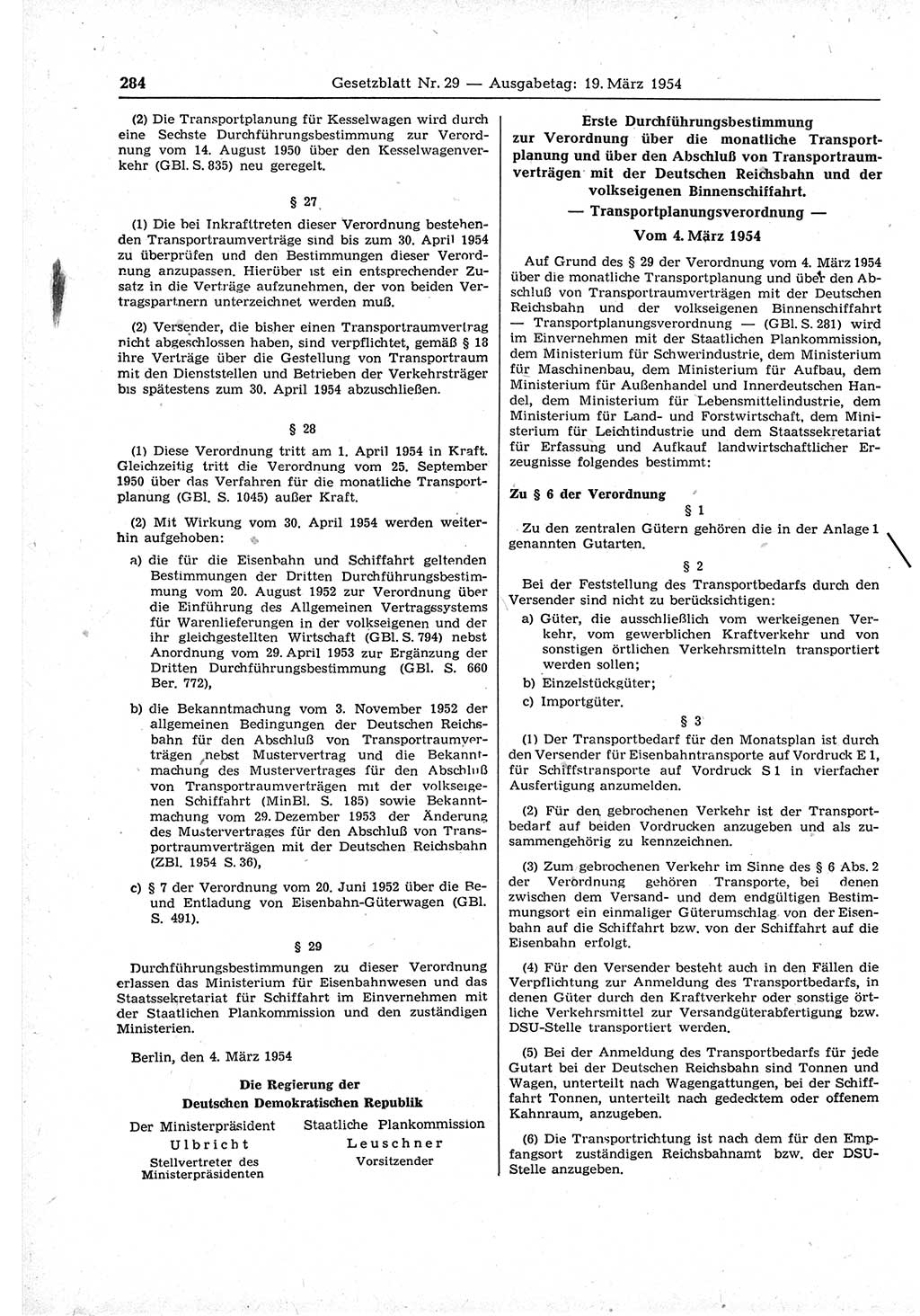 Gesetzblatt (GBl.) der Deutschen Demokratischen Republik (DDR) 1954, Seite 284 (GBl. DDR 1954, S. 284)