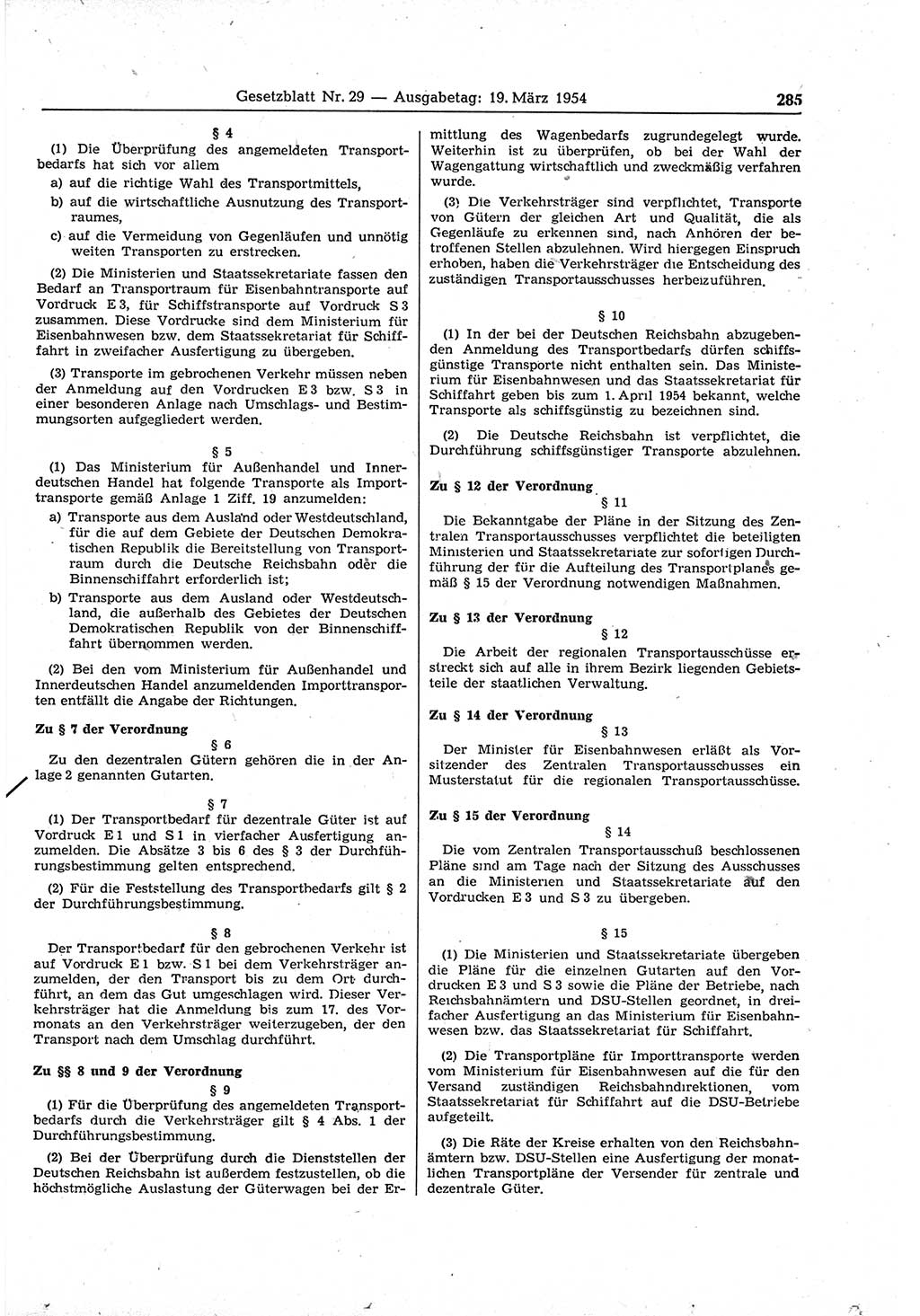 Gesetzblatt (GBl.) der Deutschen Demokratischen Republik (DDR) 1954, Seite 285 (GBl. DDR 1954, S. 285)