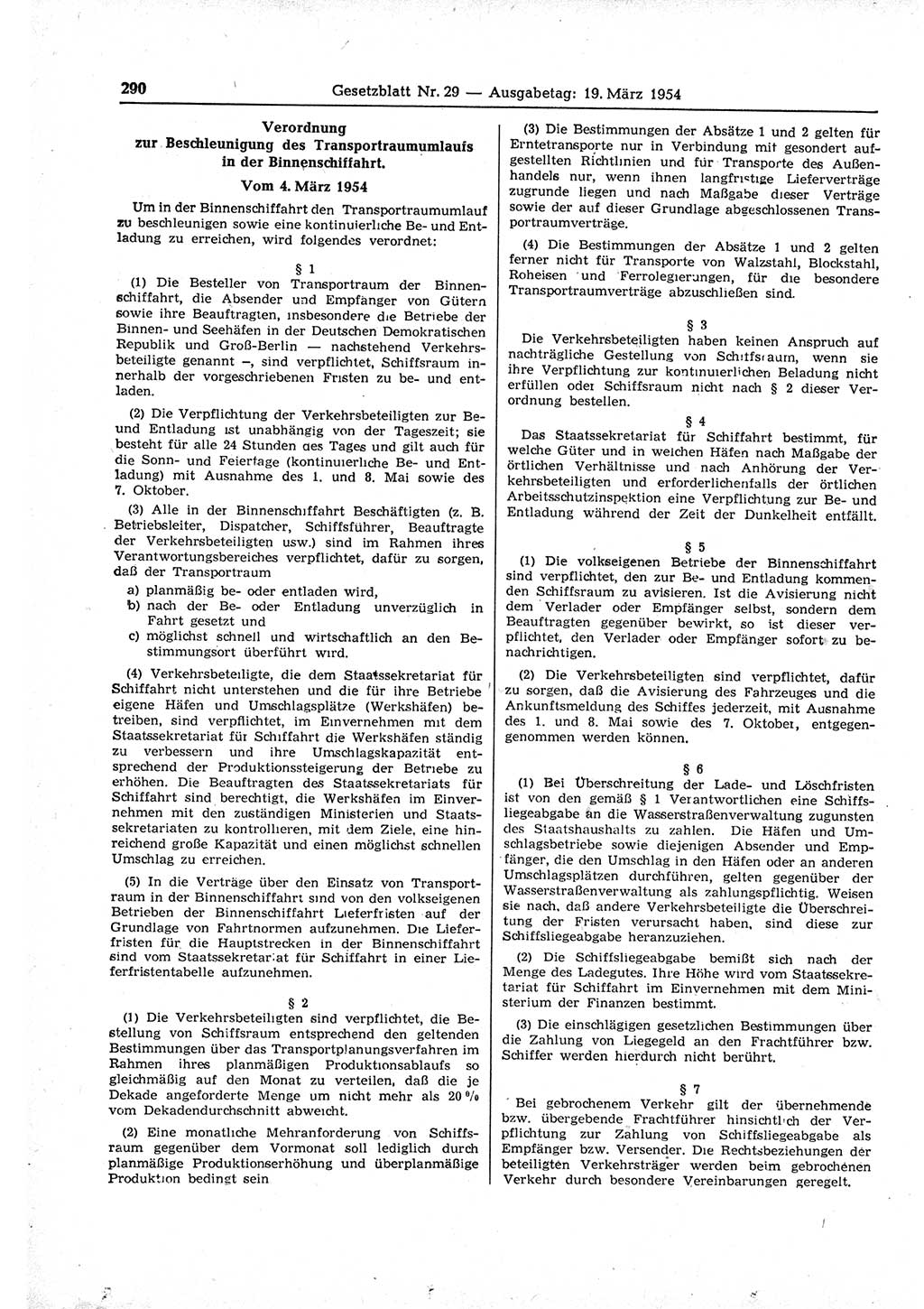 Gesetzblatt (GBl.) der Deutschen Demokratischen Republik (DDR) 1954, Seite 290 (GBl. DDR 1954, S. 290)