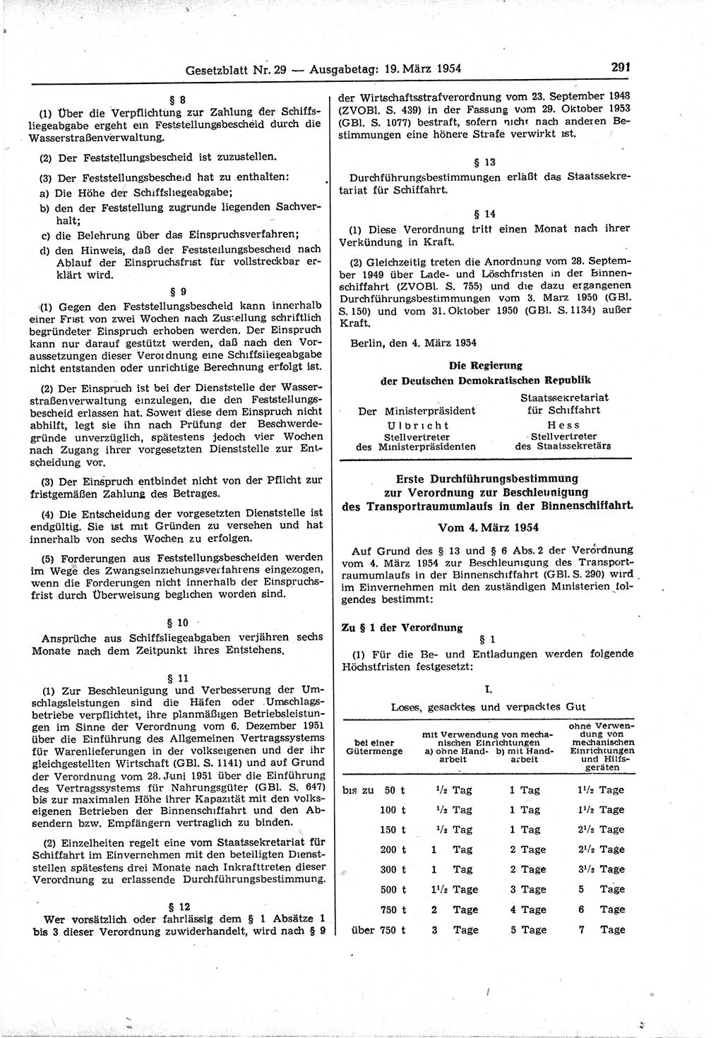 Gesetzblatt (GBl.) der Deutschen Demokratischen Republik (DDR) 1954, Seite 291 (GBl. DDR 1954, S. 291)
