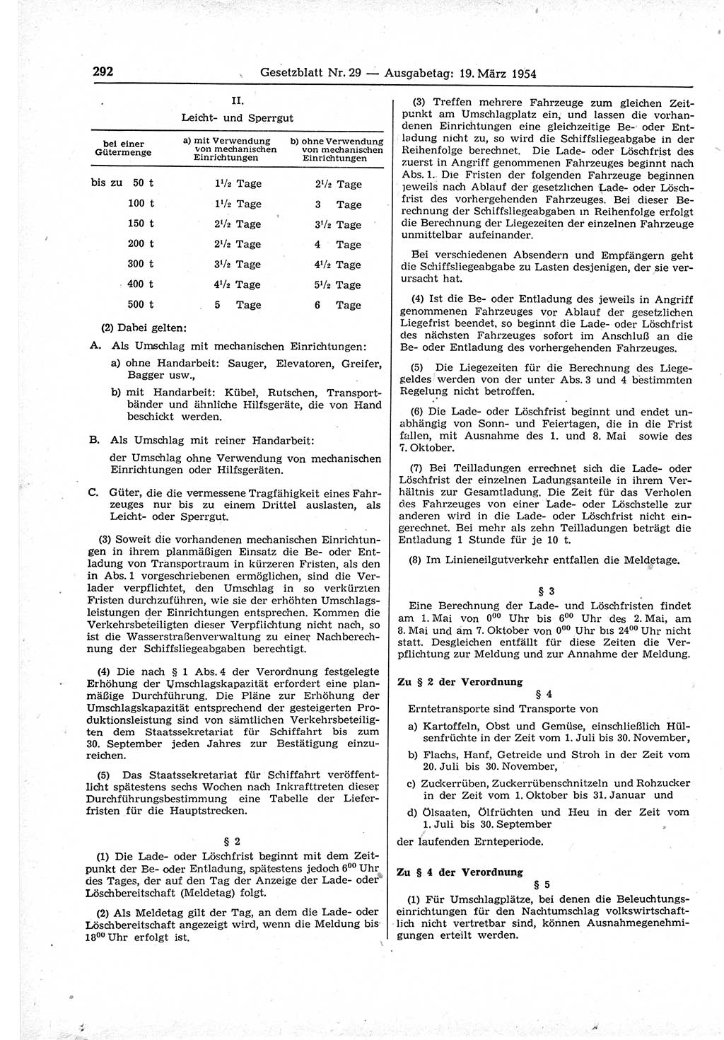 Gesetzblatt (GBl.) der Deutschen Demokratischen Republik (DDR) 1954, Seite 292 (GBl. DDR 1954, S. 292)