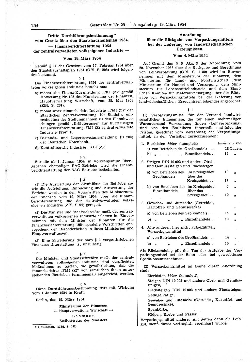 Gesetzblatt (GBl.) der Deutschen Demokratischen Republik (DDR) 1954, Seite 294 (GBl. DDR 1954, S. 294)