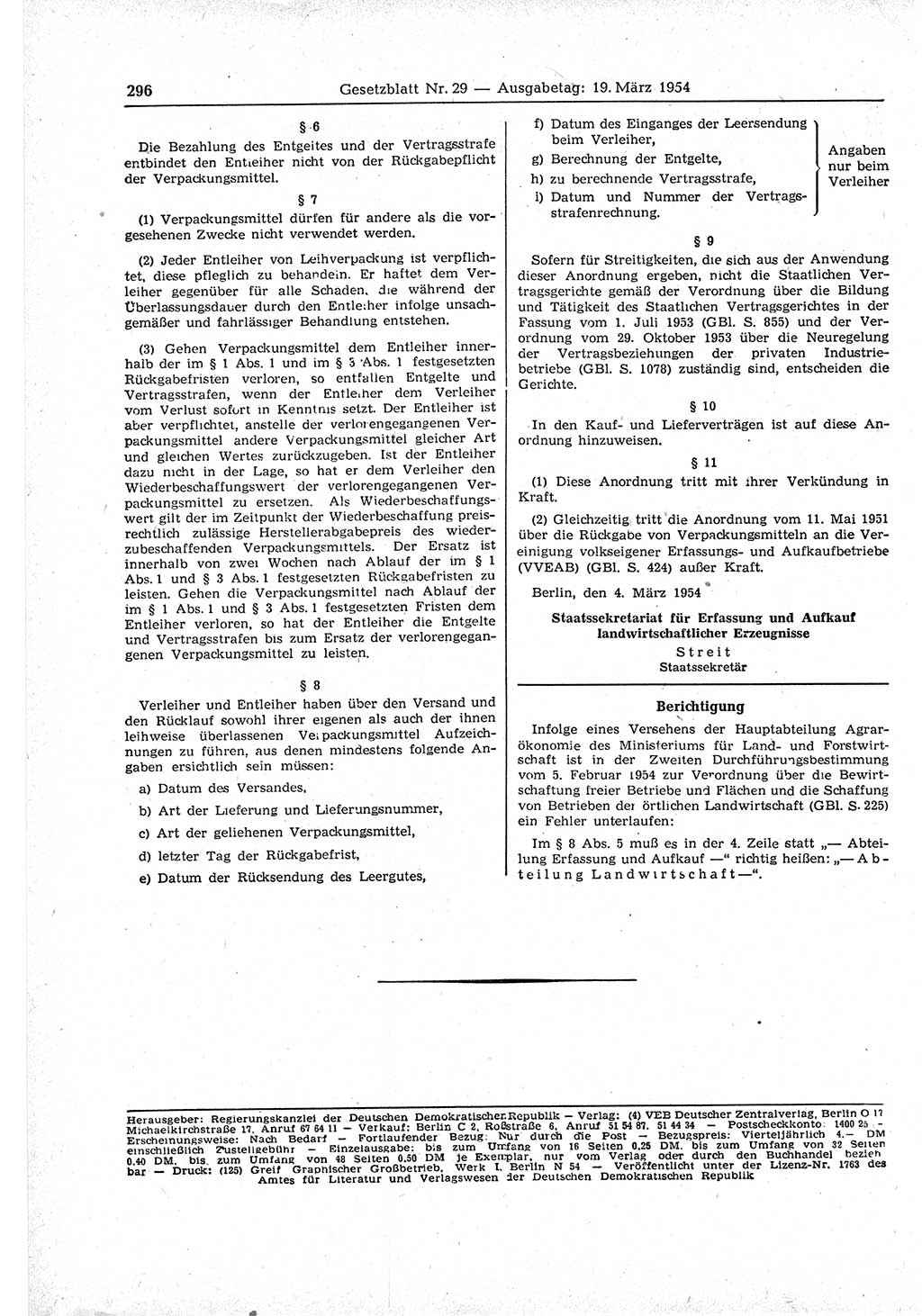 Gesetzblatt (GBl.) der Deutschen Demokratischen Republik (DDR) 1954, Seite 296 (GBl. DDR 1954, S. 296)