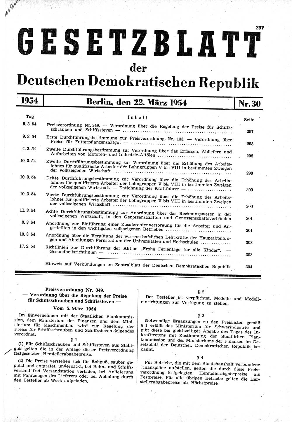 Gesetzblatt (GBl.) der Deutschen Demokratischen Republik (DDR) 1954, Seite 297 (GBl. DDR 1954, S. 297)