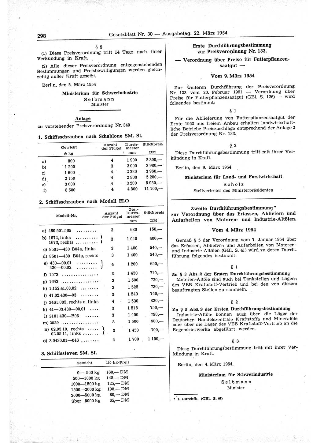 Gesetzblatt (GBl.) der Deutschen Demokratischen Republik (DDR) 1954, Seite 298 (GBl. DDR 1954, S. 298)