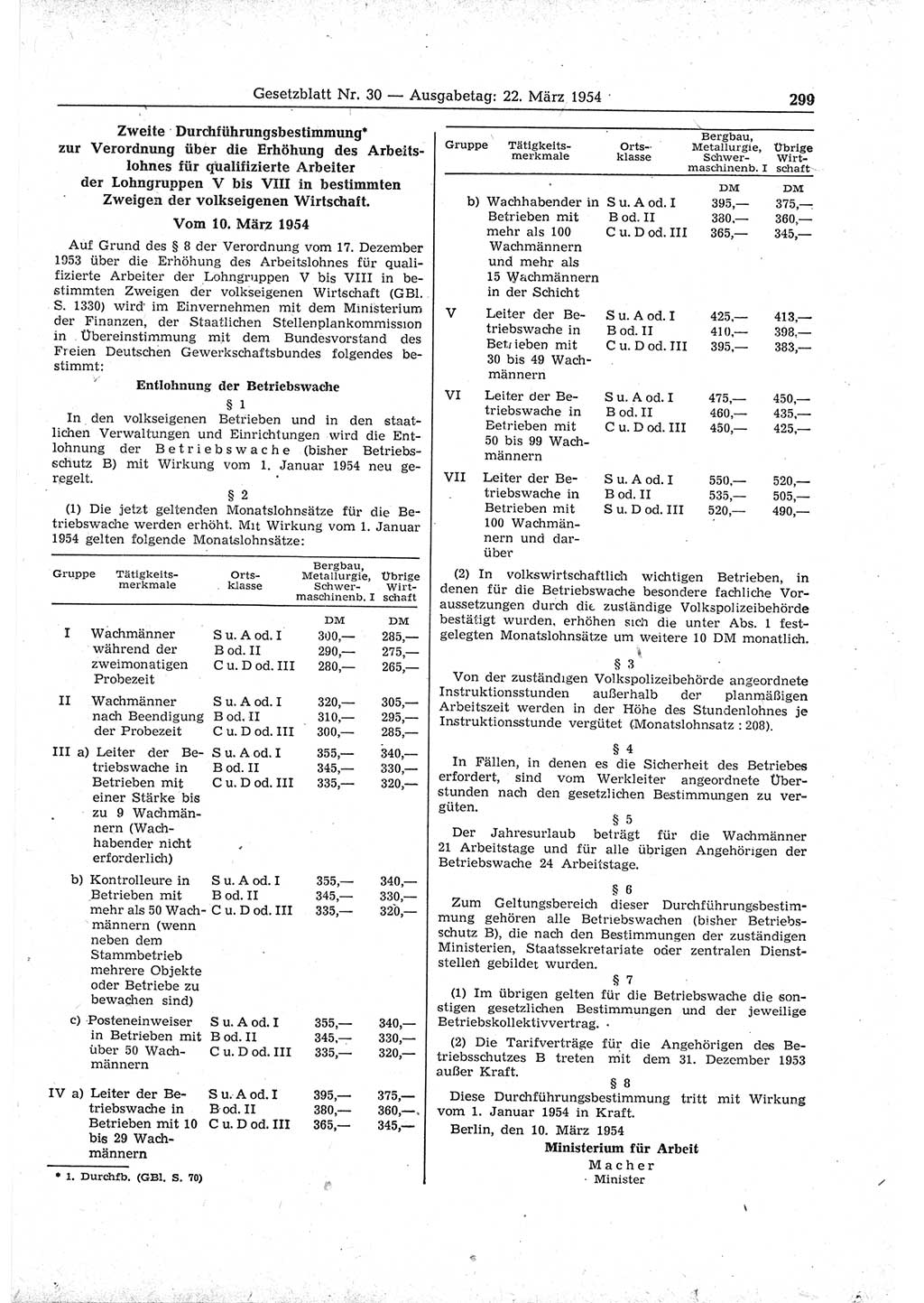 Gesetzblatt (GBl.) der Deutschen Demokratischen Republik (DDR) 1954, Seite 299 (GBl. DDR 1954, S. 299)