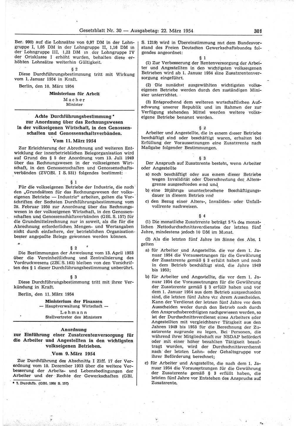 Gesetzblatt (GBl.) der Deutschen Demokratischen Republik (DDR) 1954, Seite 301 (GBl. DDR 1954, S. 301)