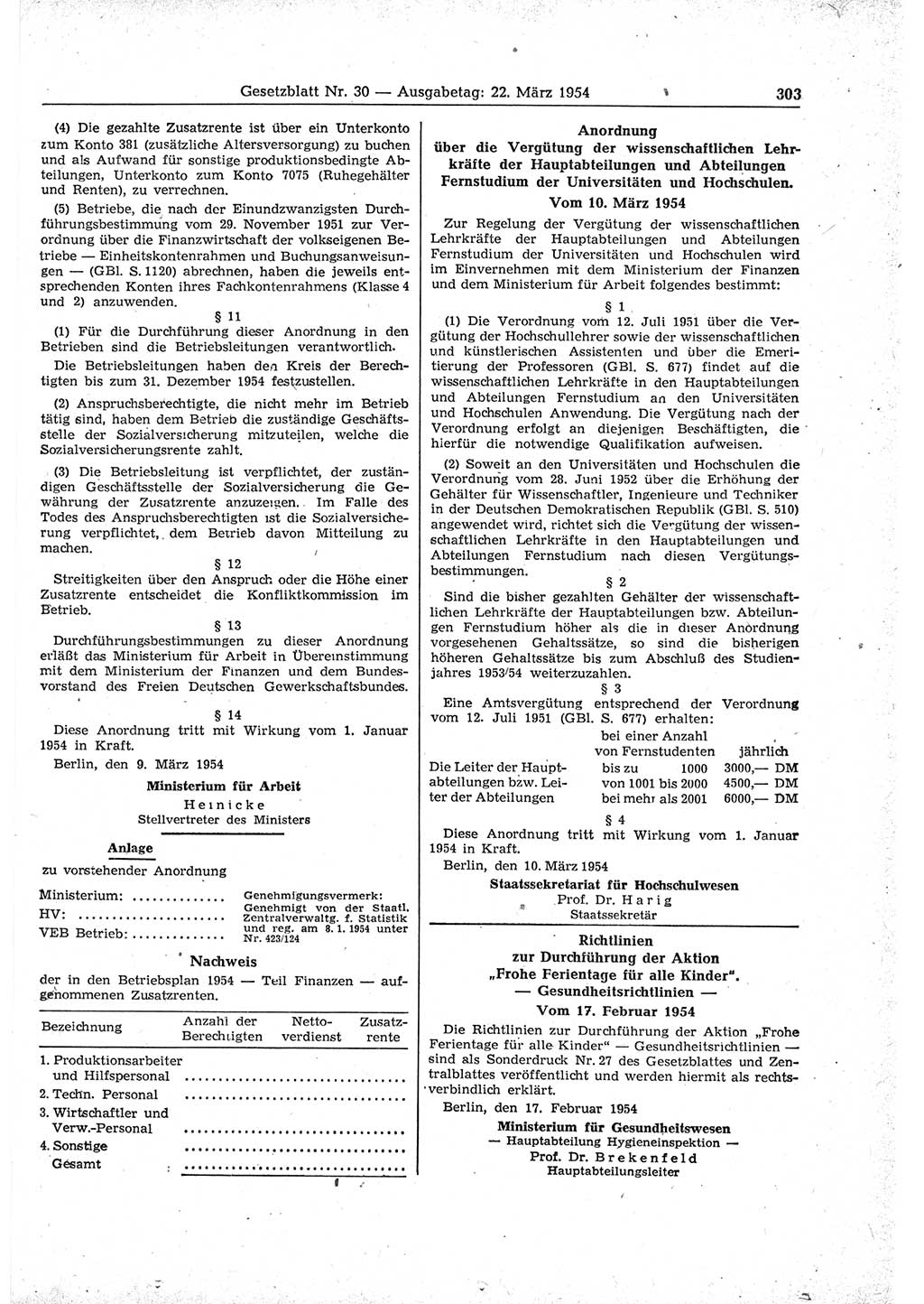 Gesetzblatt (GBl.) der Deutschen Demokratischen Republik (DDR) 1954, Seite 303 (GBl. DDR 1954, S. 303)
