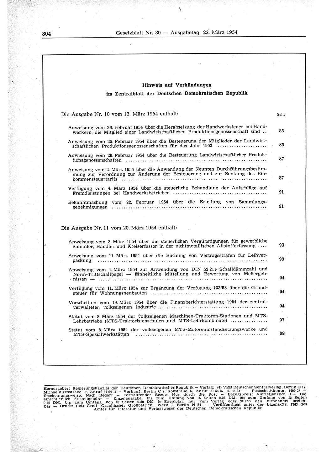Gesetzblatt (GBl.) der Deutschen Demokratischen Republik (DDR) 1954, Seite 304 (GBl. DDR 1954, S. 304)