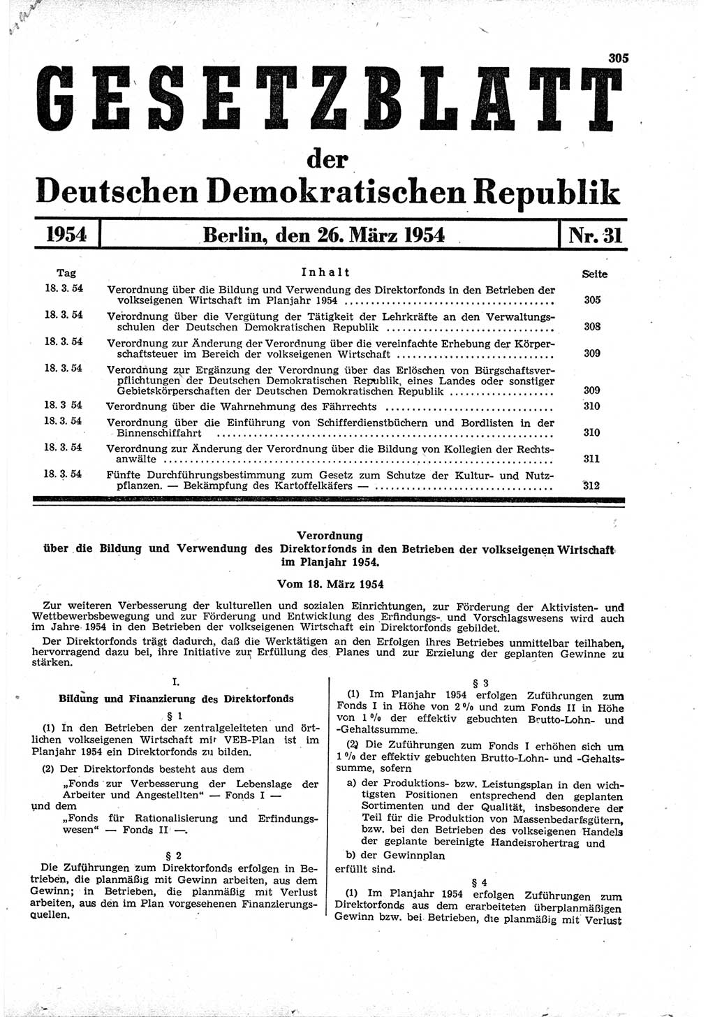 Gesetzblatt (GBl.) der Deutschen Demokratischen Republik (DDR) 1954, Seite 305 (GBl. DDR 1954, S. 305)