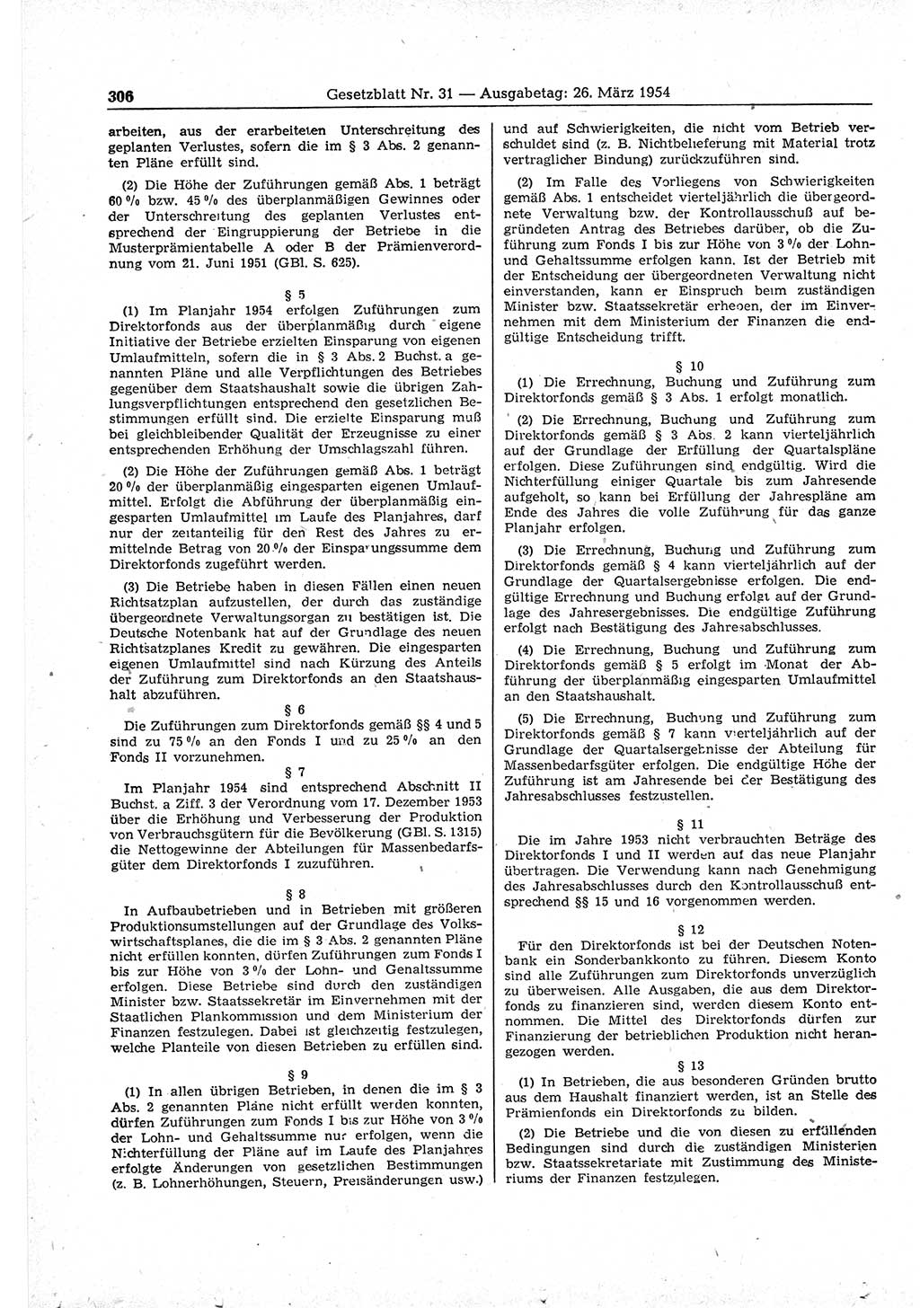 Gesetzblatt (GBl.) der Deutschen Demokratischen Republik (DDR) 1954, Seite 306 (GBl. DDR 1954, S. 306)