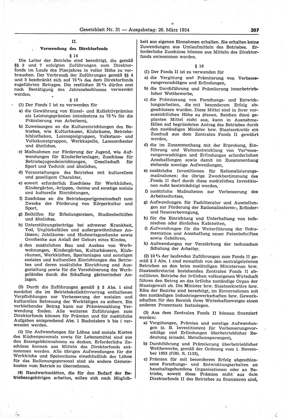 Gesetzblatt (GBl.) der Deutschen Demokratischen Republik (DDR) 1954, Seite 307 (GBl. DDR 1954, S. 307)