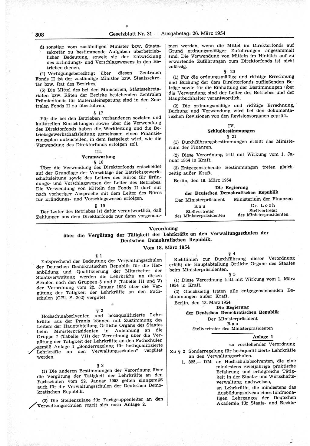 Gesetzblatt (GBl.) der Deutschen Demokratischen Republik (DDR) 1954, Seite 308 (GBl. DDR 1954, S. 308)