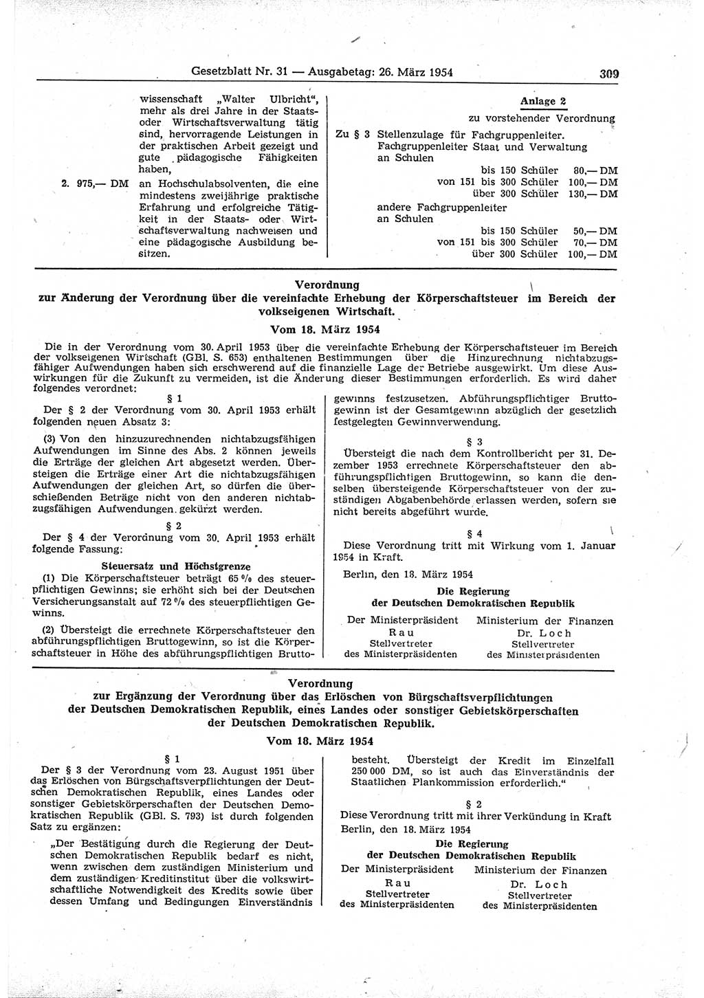 Gesetzblatt (GBl.) der Deutschen Demokratischen Republik (DDR) 1954, Seite 309 (GBl. DDR 1954, S. 309)