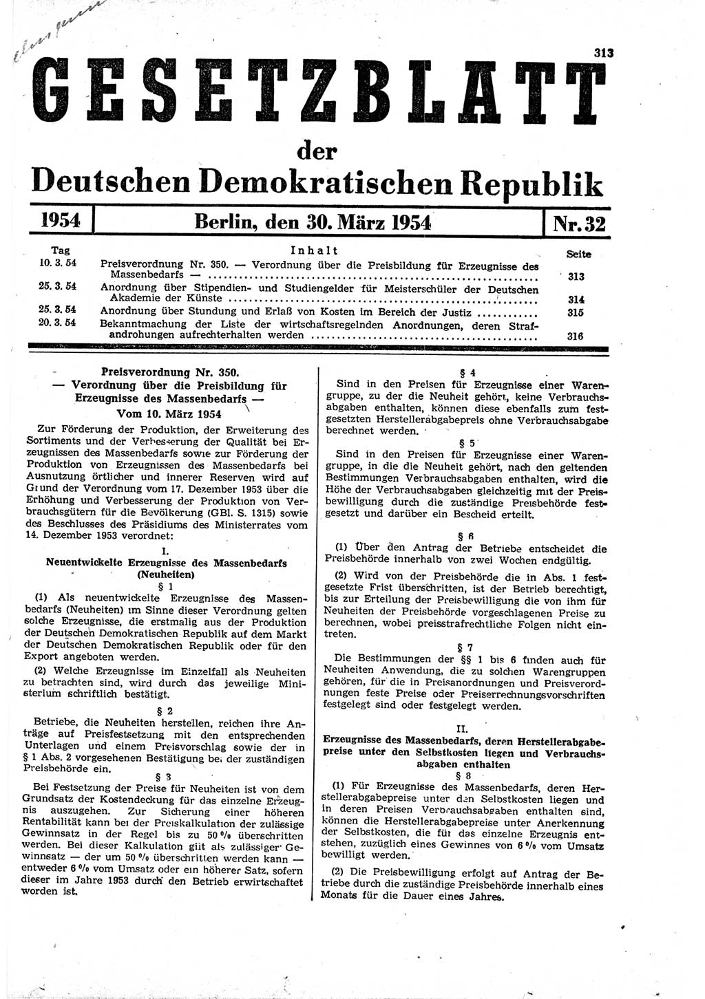 Gesetzblatt (GBl.) der Deutschen Demokratischen Republik (DDR) 1954, Seite 313 (GBl. DDR 1954, S. 313)