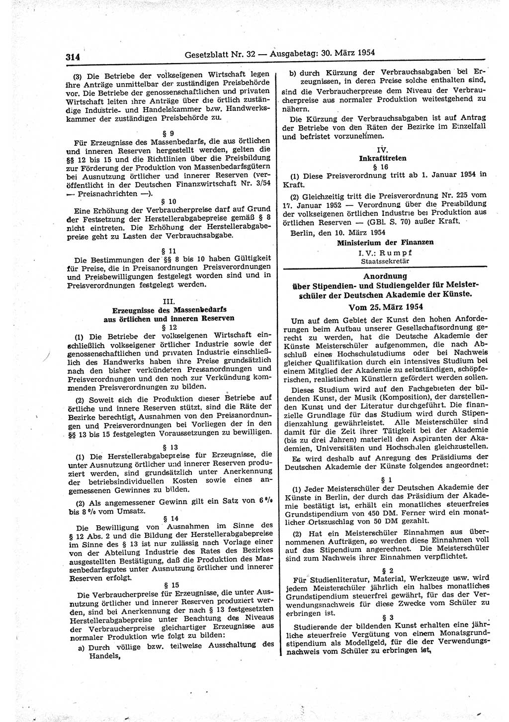 Gesetzblatt (GBl.) der Deutschen Demokratischen Republik (DDR) 1954, Seite 314 (GBl. DDR 1954, S. 314)